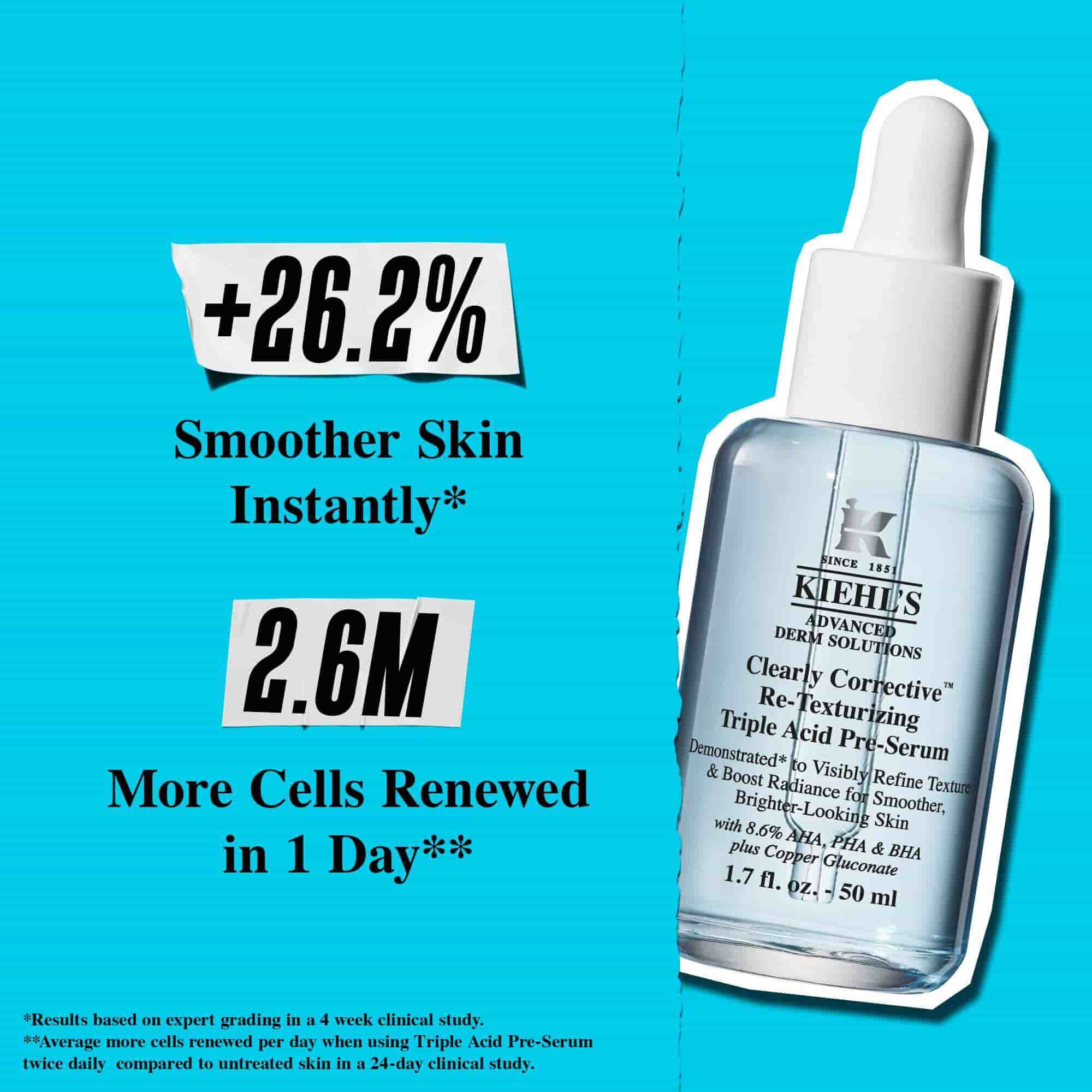 Un flacone di Clearly Corrective Triple Acid Peel su sfondo blu con testo che recita: "+41% Texture piu liscia."
