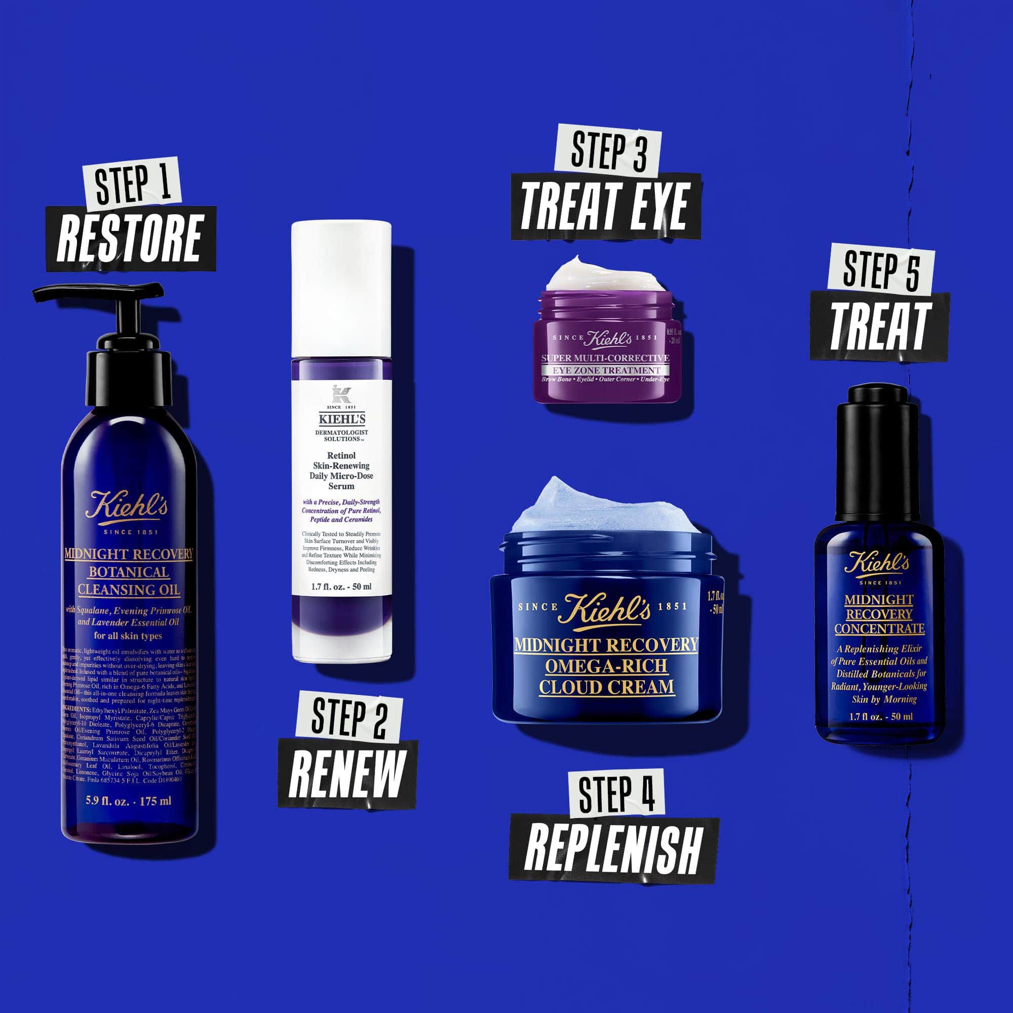 Una routine notturna in cinque fasi con prodotti Kiehl's. Da sinistra a destra: detergente, siero al retinolo, crema contorno occhi, idratante e Midnight Recovery Concentrate.