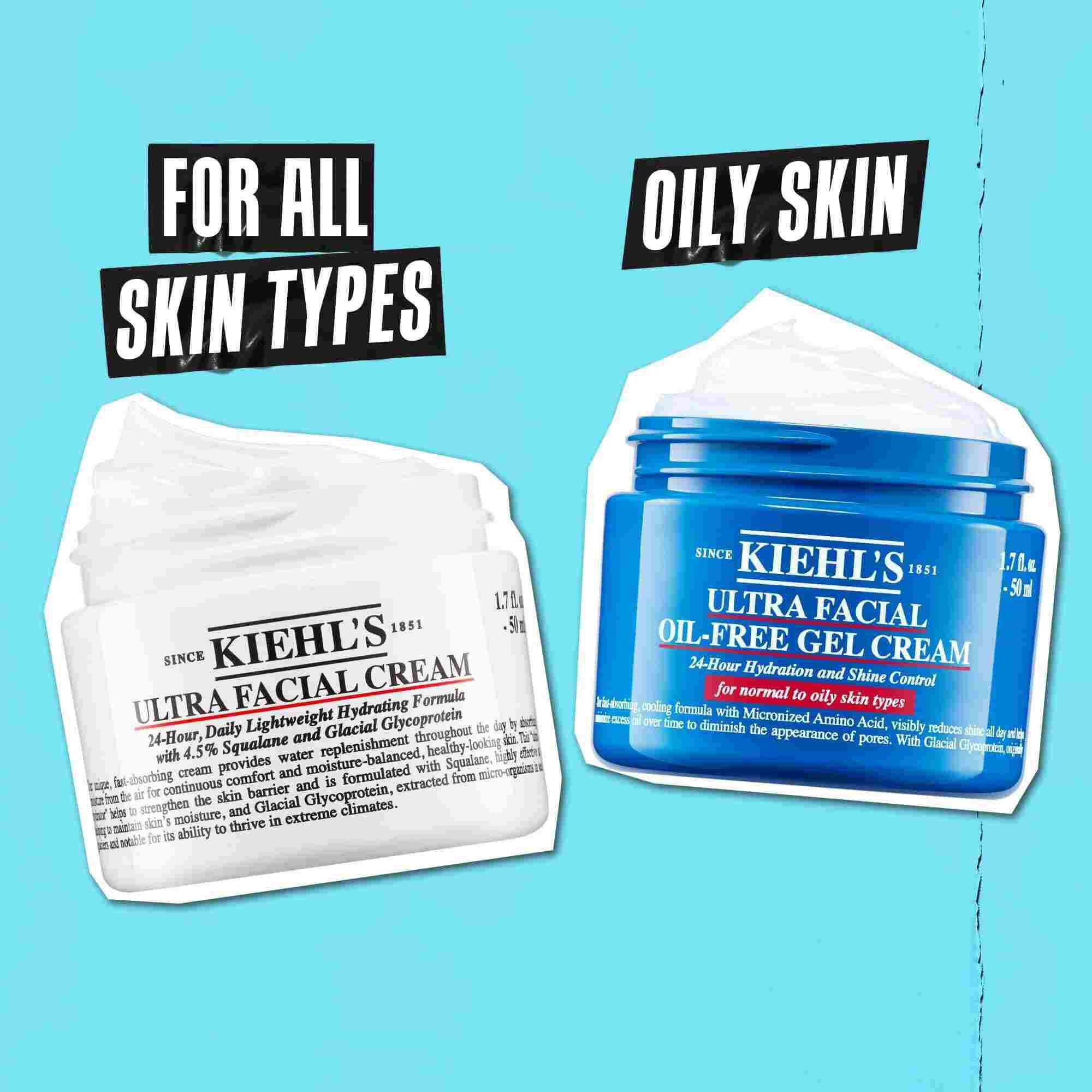 Due vasetti Kiehl's esposti fianco a fianco su sfondo blu. La Ultra Facial Cream e etichettata "Per tutti i tipi di pelle", e la Ultra Facial Oil-Free Gel Cream e etichettata "Pelle grassa".