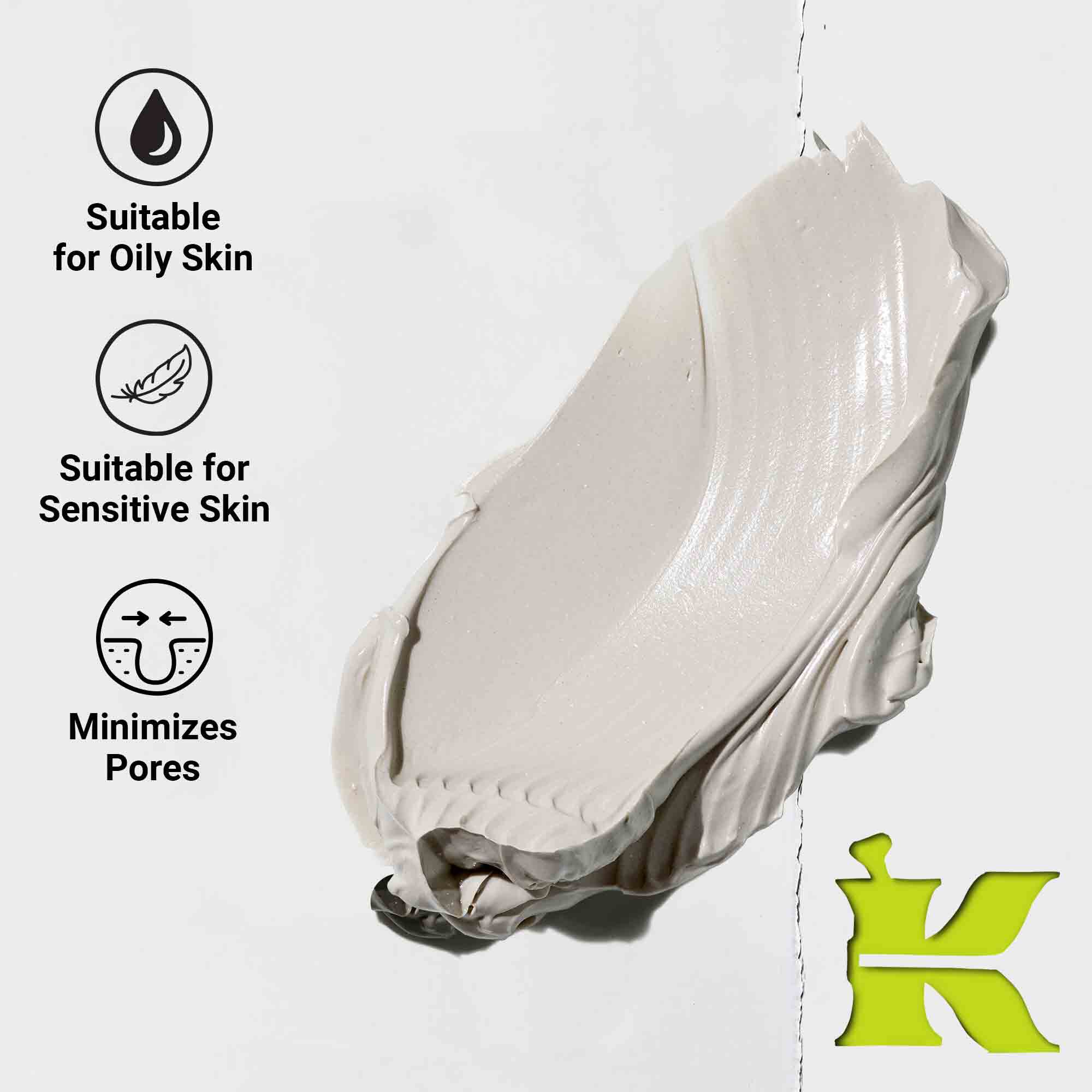 Foto della texture con icone che indicano che riduce i pori, contiene ingredienti naturali ed e per tutti i tipi di pelle