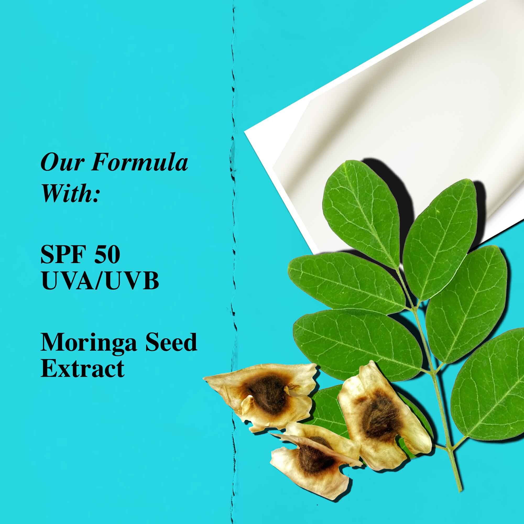 Una grafica che evidenzia gli ingredienti chiave di Ultra Light Daily UV Defense Aqua Gel, inclusi SPF 50 ed estratto di semi di moringa.