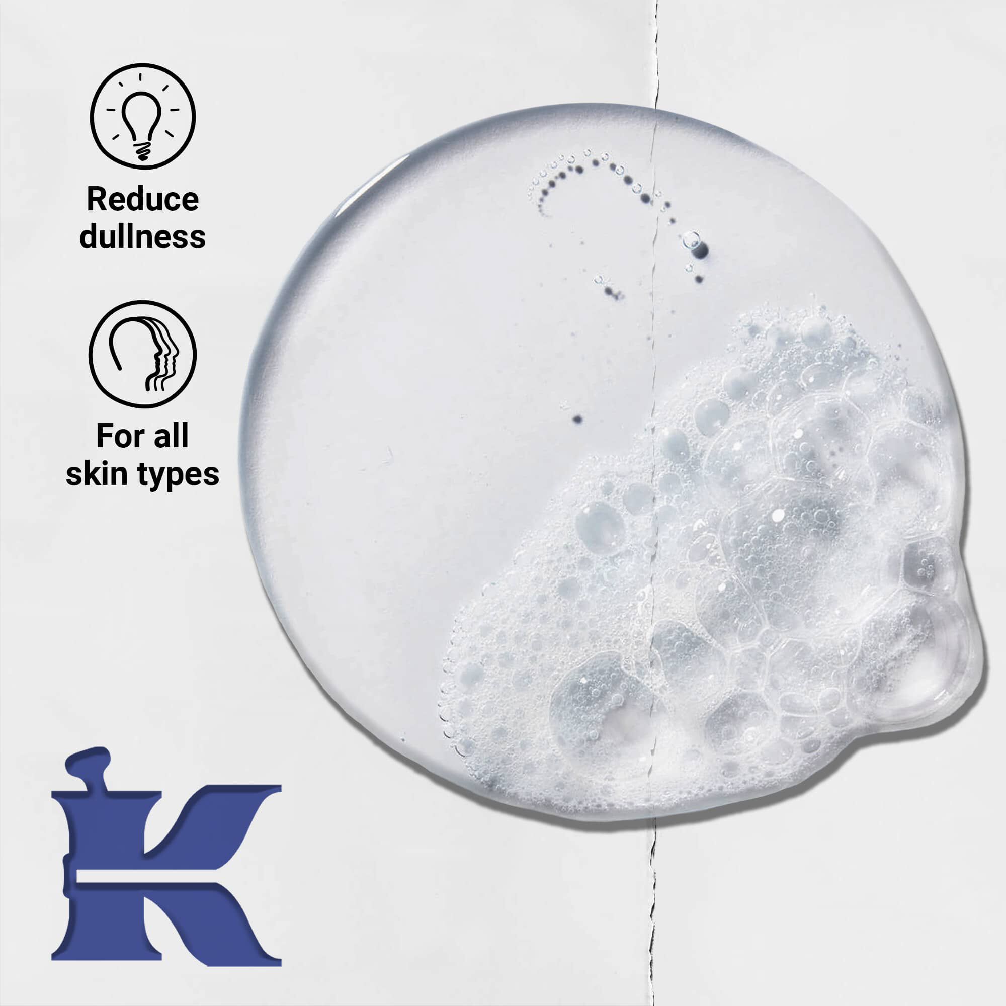 Foto della texture di Facial Fuel con icone che indicano che riduce il colorito spento ed e per tutti i tipi di pelle