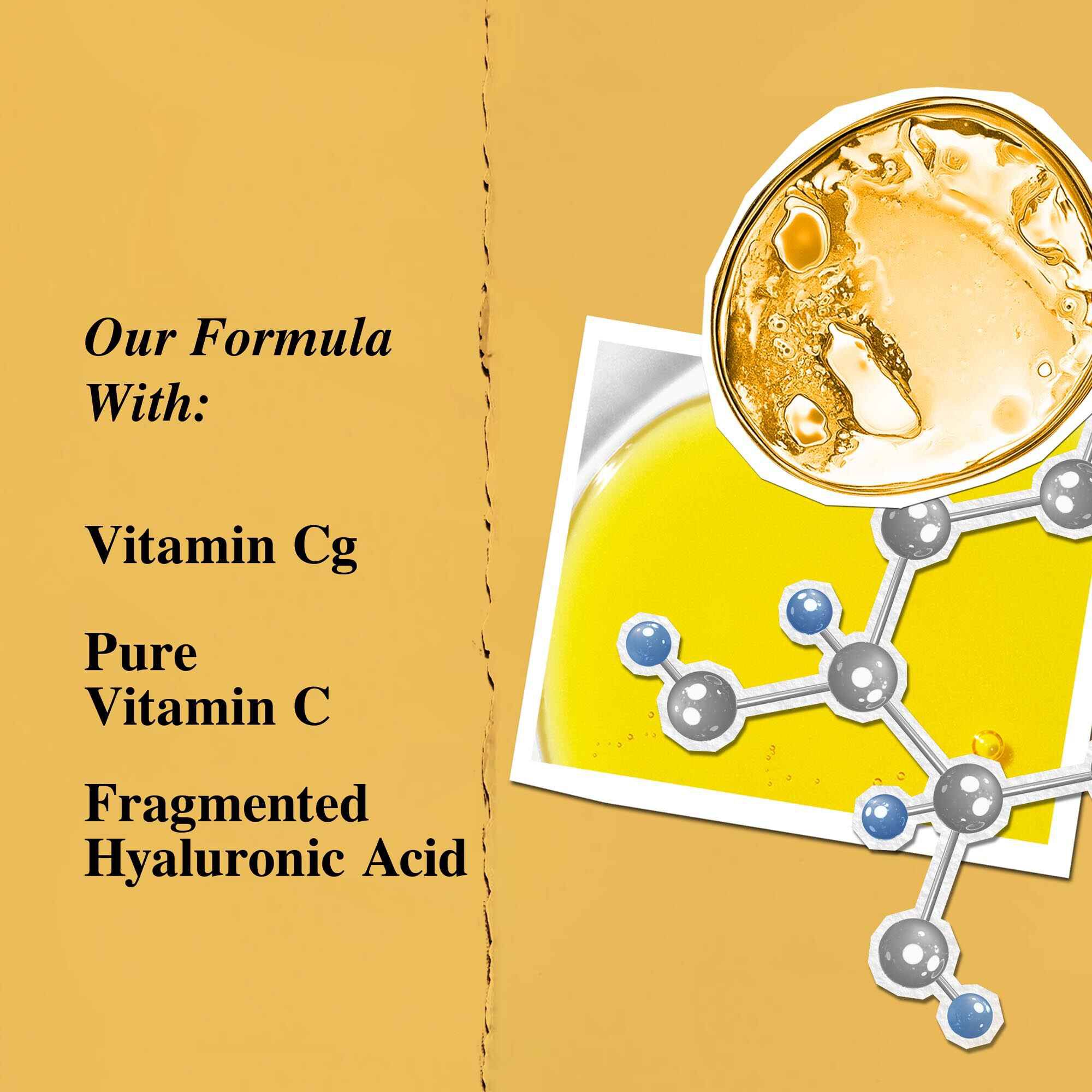 Grafica degli ingredienti chiave che evidenzia vitamina Cg, acido ialuronico frammentato.