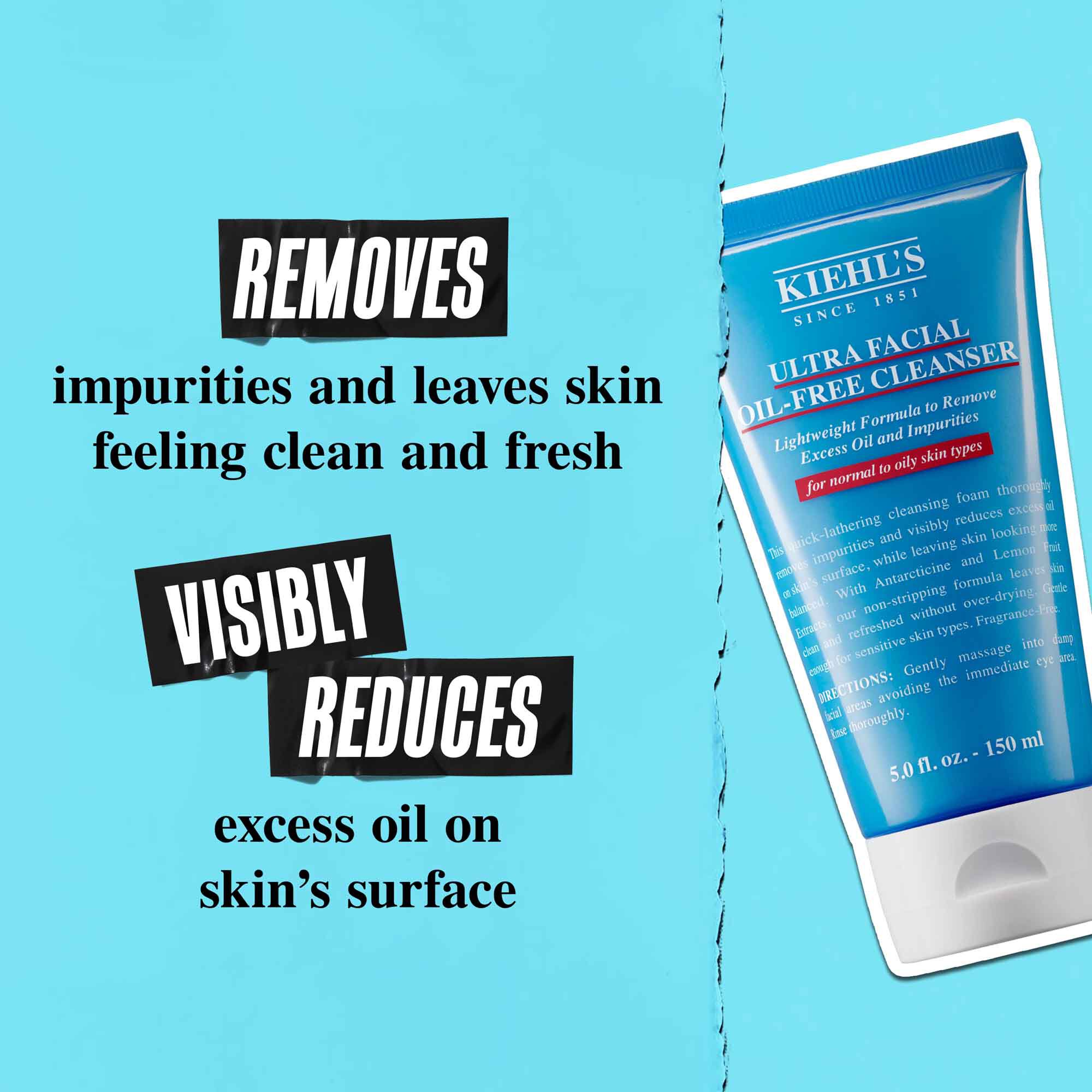 Un tubetto di Ultra Facial Oil-Free Cleanser su sfondo blu con il testo "Rimuove l'olio e lascia la pelle visibilmente ridotta dell'olio in eccesso sulla superficie."