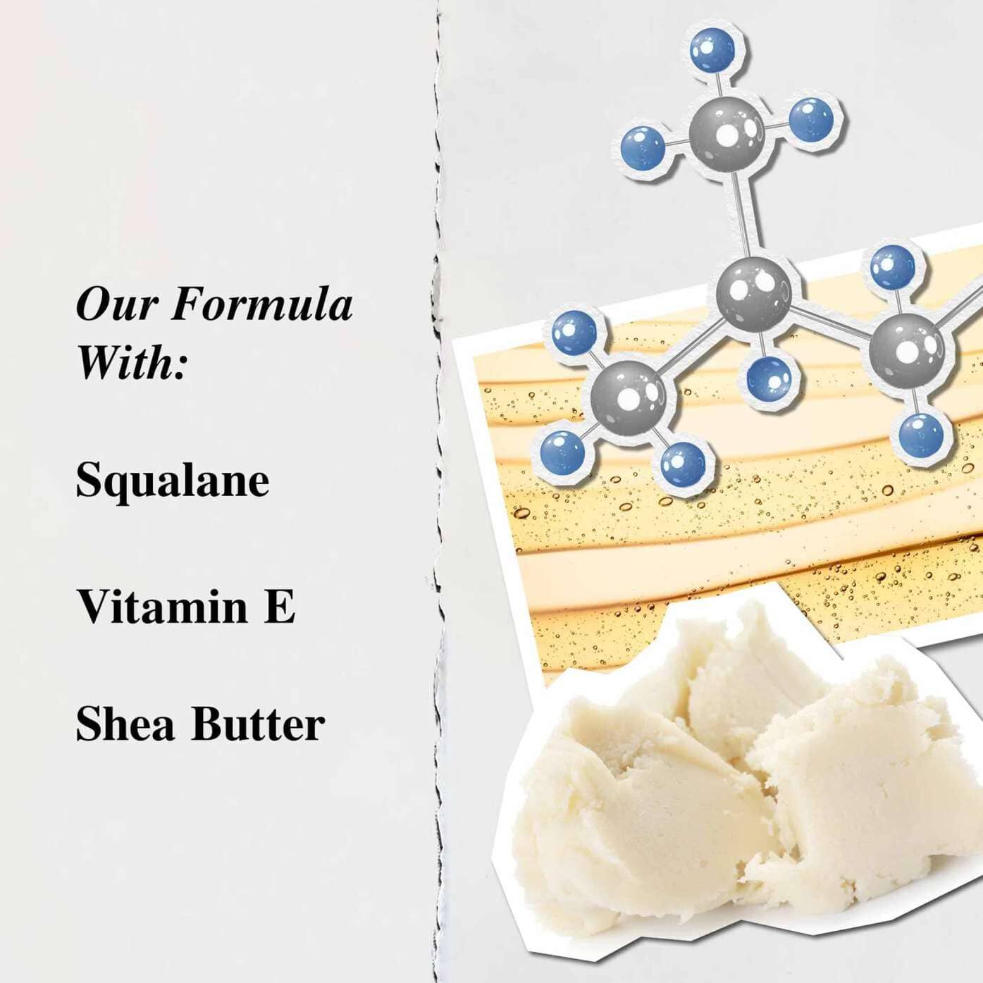 Una grafica che evidenzia gli ingredienti chiave di Lip Balm #1: burro di karite, squalano e vitamina E.