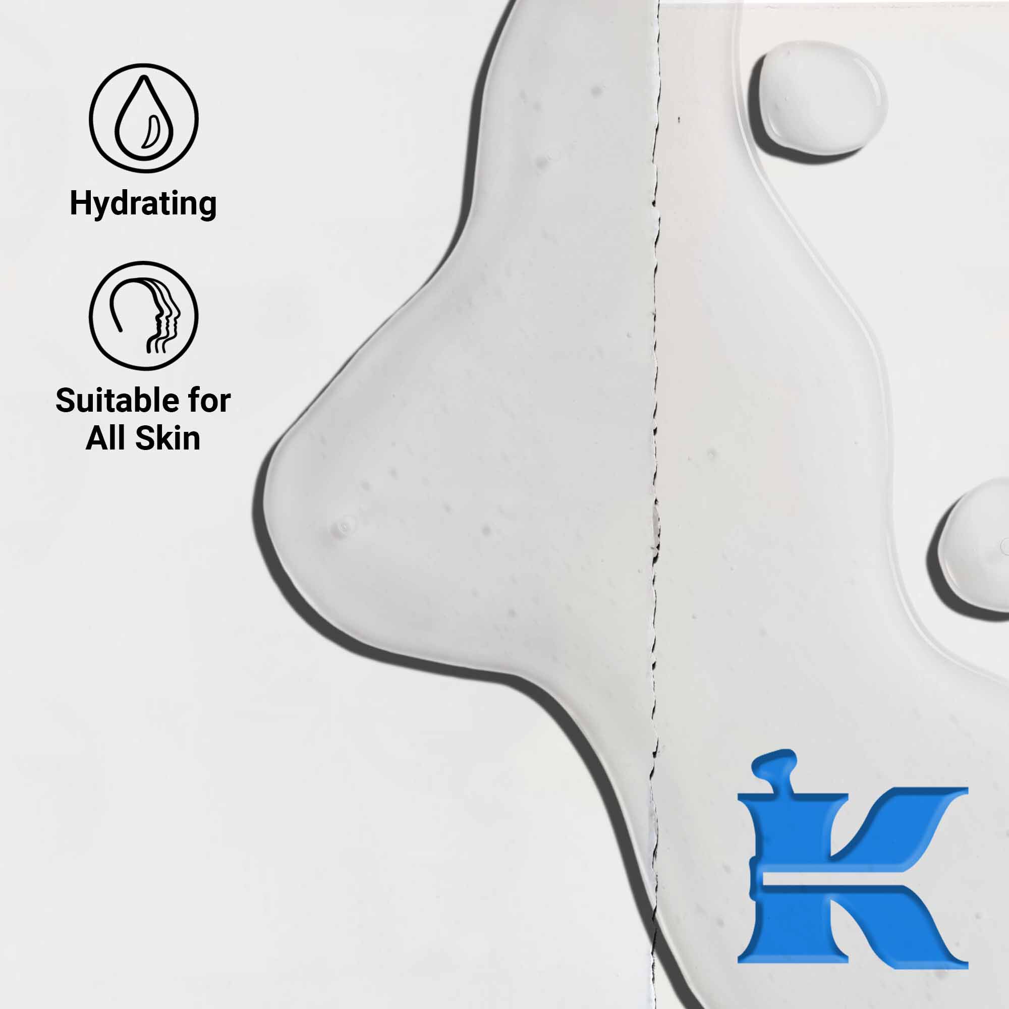 Primo piano della texture di Ultra Pure 1.5% Hyaluronic Acid Serum che mostra goccioline liquide trasparenti. Il testo evidenzia i benefici idratanti e l'idoneita per tutti i tipi di pelle.