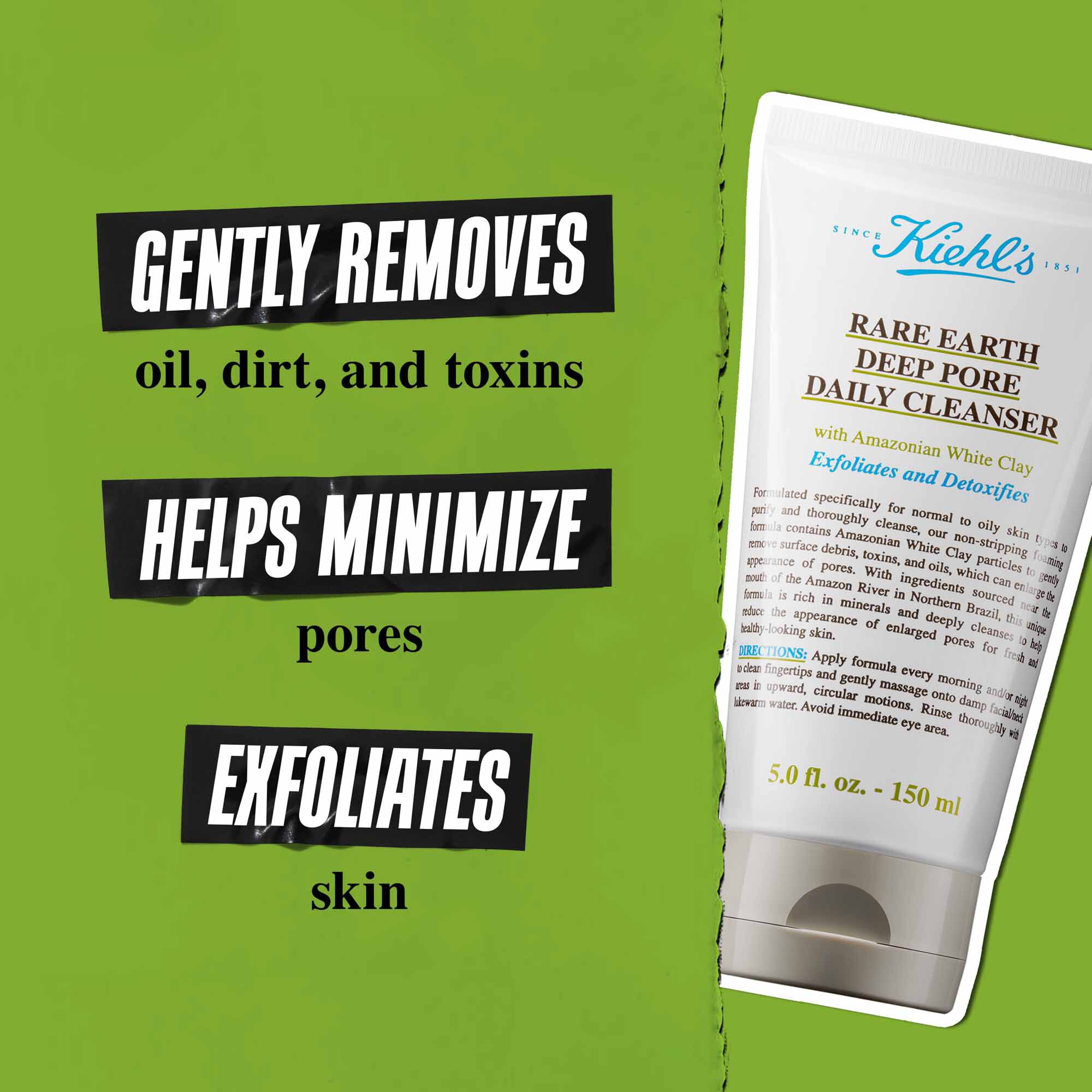 Un tubetto di Rare Earth Deep Pore Daily Cleanser su sfondo verde con il testo "Rimuove delicatamente sporco, olio e tossine. Mantiene i pori minimizzati. Esfolia e pulisce la pelle in profondita."