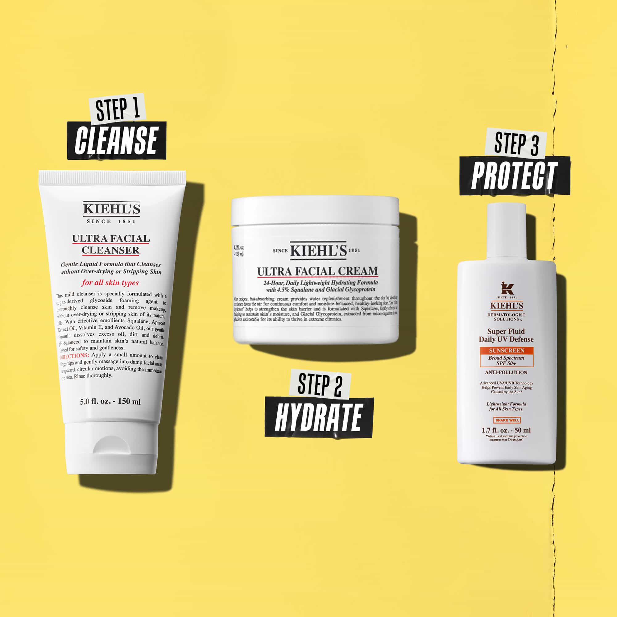 Tre prodotti Kiehl's che rappresentano una routine. Da sinistra a destra: detergente, idratante e protezione solare.