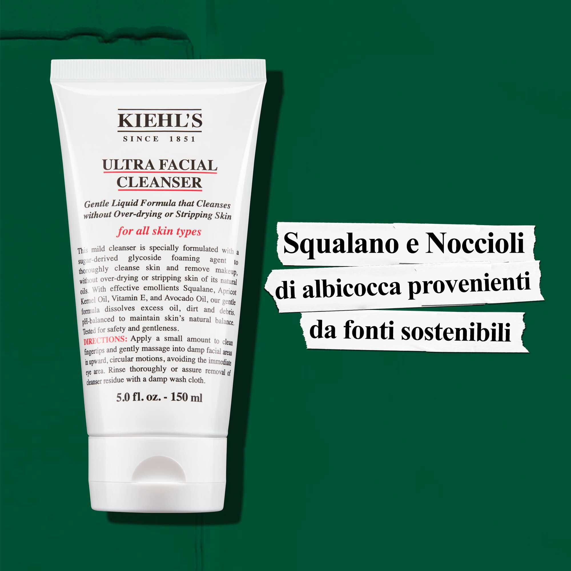 Kiehl's Ultra Facial Cleanser contiene squalano vegetale e noccioli di albicocca di origine responsabile