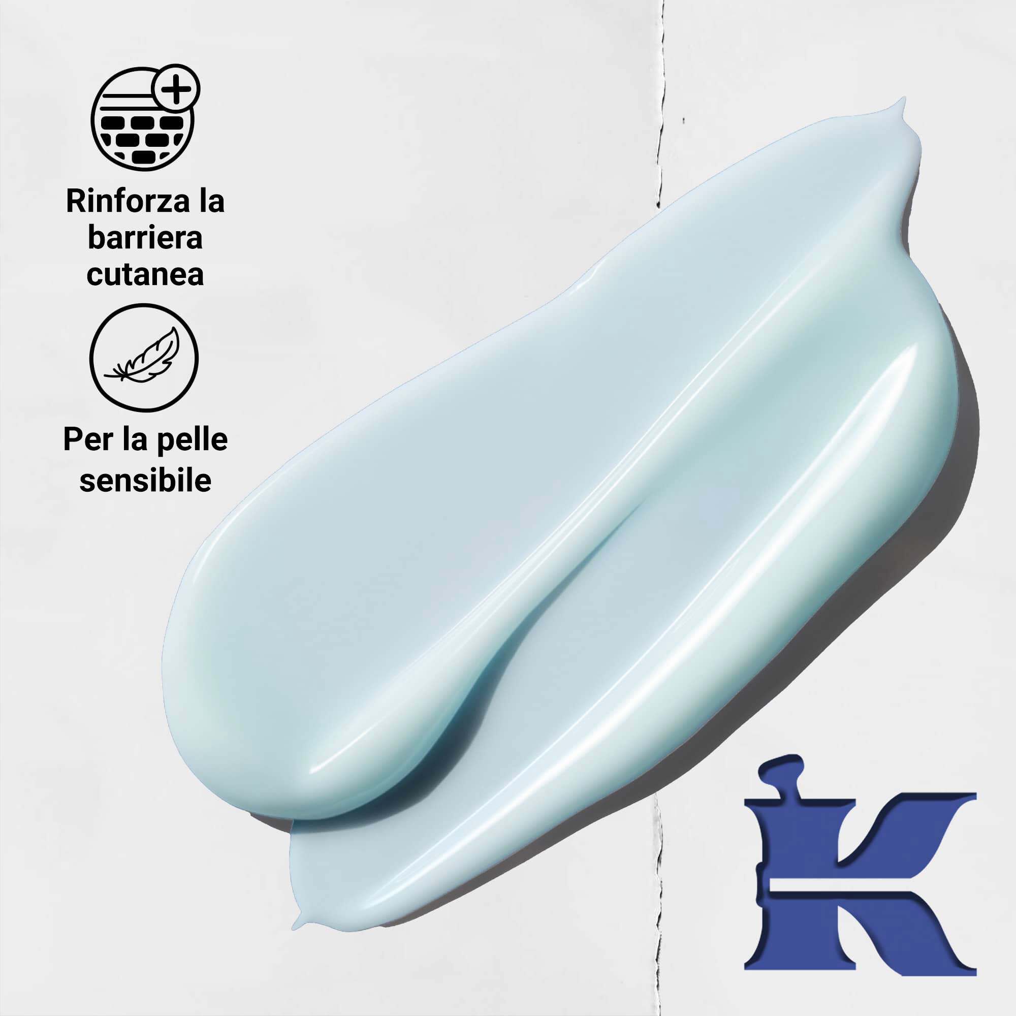 Foto della texture di Facial Fuel con icone che indicano che rafforza la barriera cutanea ed e per pelle sensibile