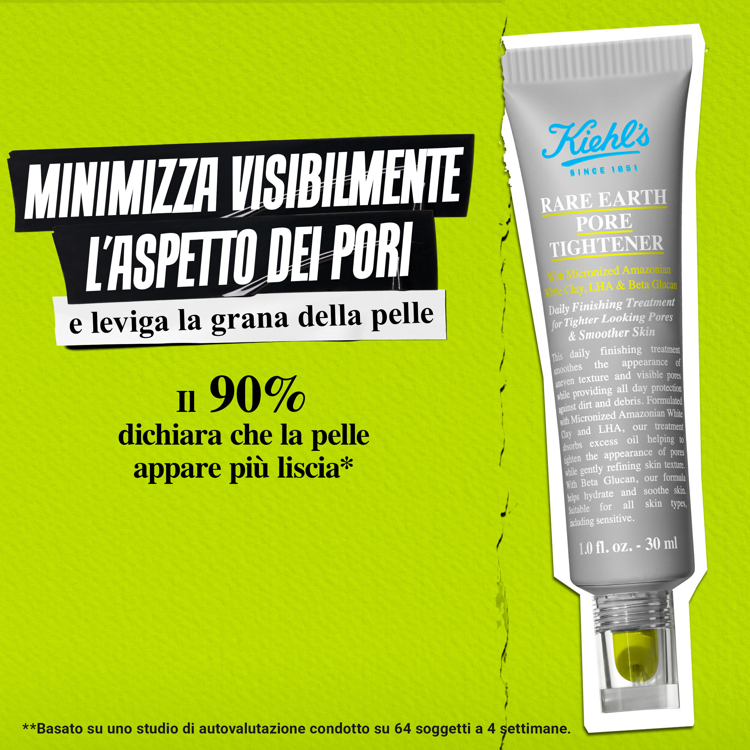 A graphic titled "Visibly Tightens Pores & smoothes skin texture" featuring a tube of Kiehl’s Rare Earth Pore Tightener on a lime green background. Text highlights, "90% agree skin looks & feels smoother" and "Diffuses the look of pores." 