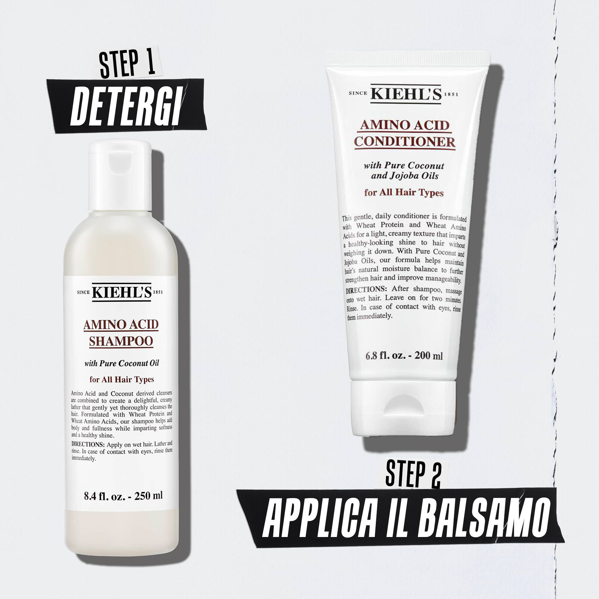 Illustrazione della routine di cura dei capelli con amminoacidi Kiehl's con bottiglie – Passo 1 Pulizia Passo 2 Condizione