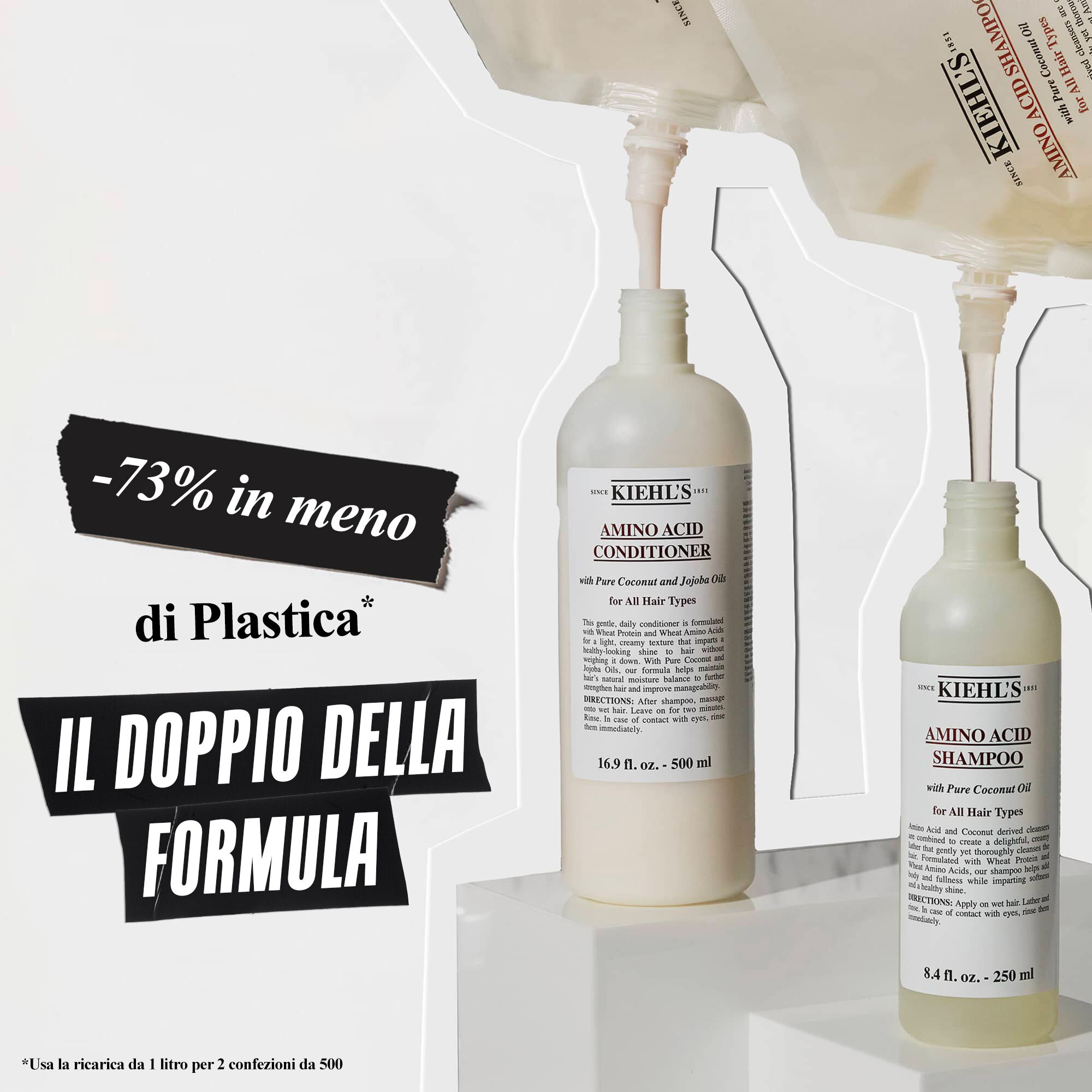 73% in meno di confezioni in plastica e 2 volte piu formula con la busta di ricarica del balsamo per amminoacidi Kiehl's
