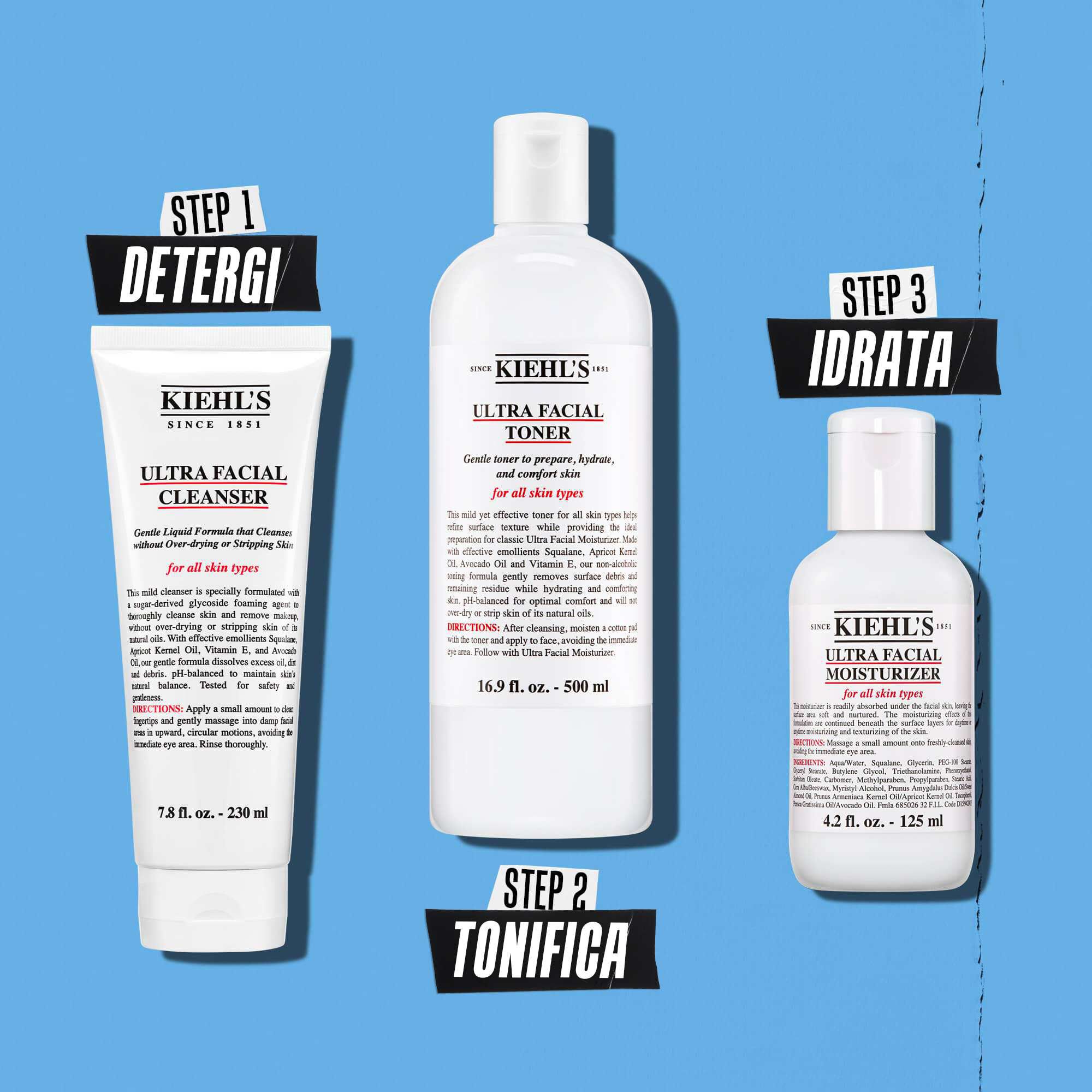 Illustrazione della routine Kiehl's Ultra Facial Moisturizer – Detergere, Tonificare, Idratare