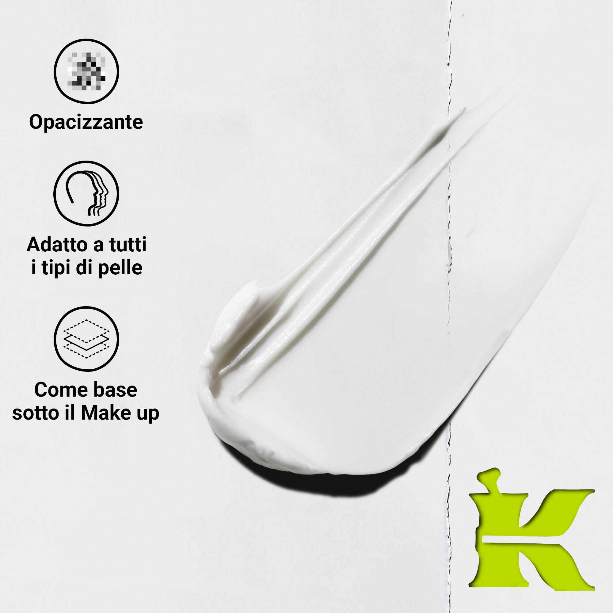 A close-up of a white cream texture with three icons and claims: “Blurring,” “Suitable for All Skin Types,” and “Layers Under Makeup.” A green Kiehl’s “K” logo is in the bottom right corner.