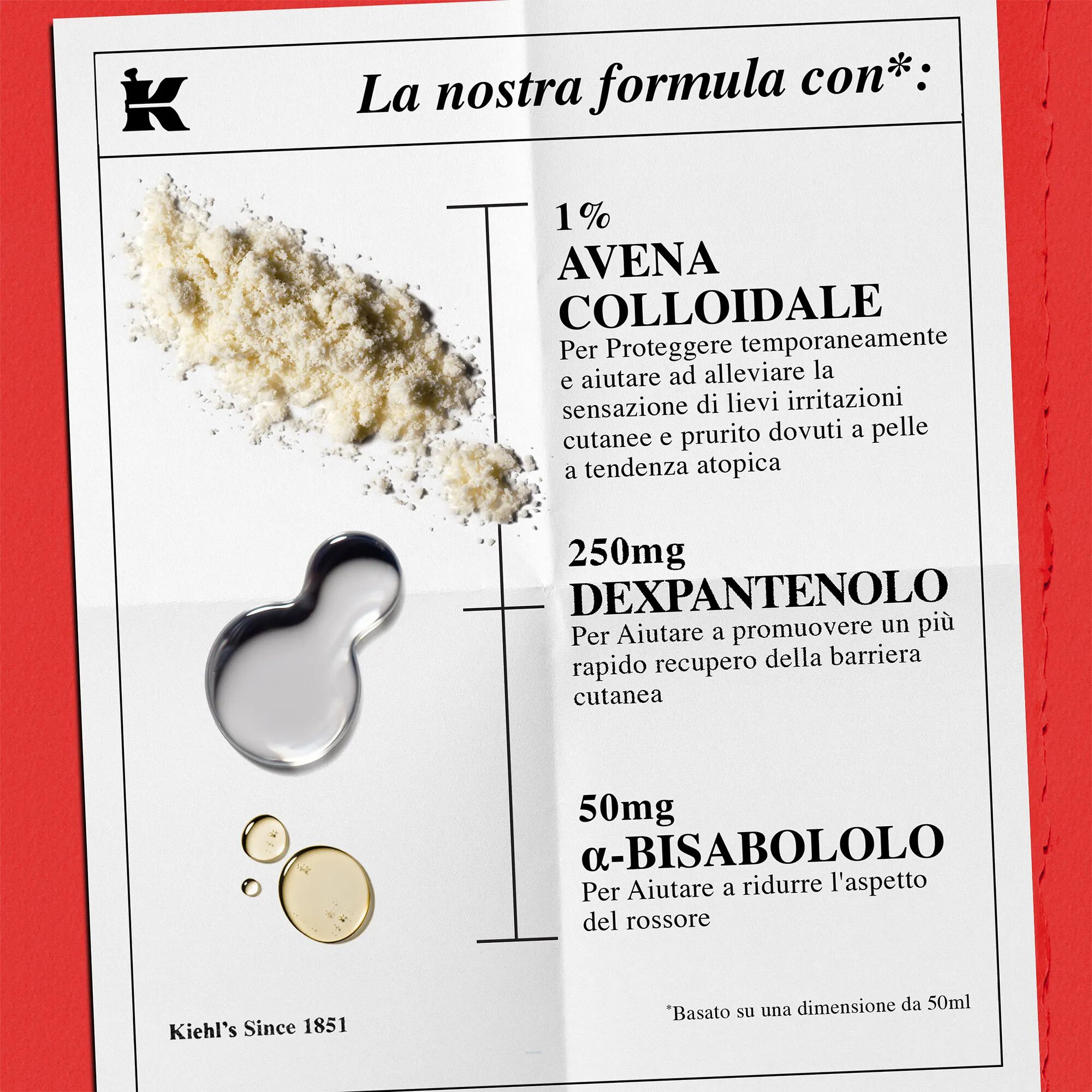 La nostra formula con: 1% di avena colloidale (allevia irritazioni e prurito), 250mg di Dexpanthenolo (recupero barriera) e 50mg di α-Bisabololo (riduce il rossore).
