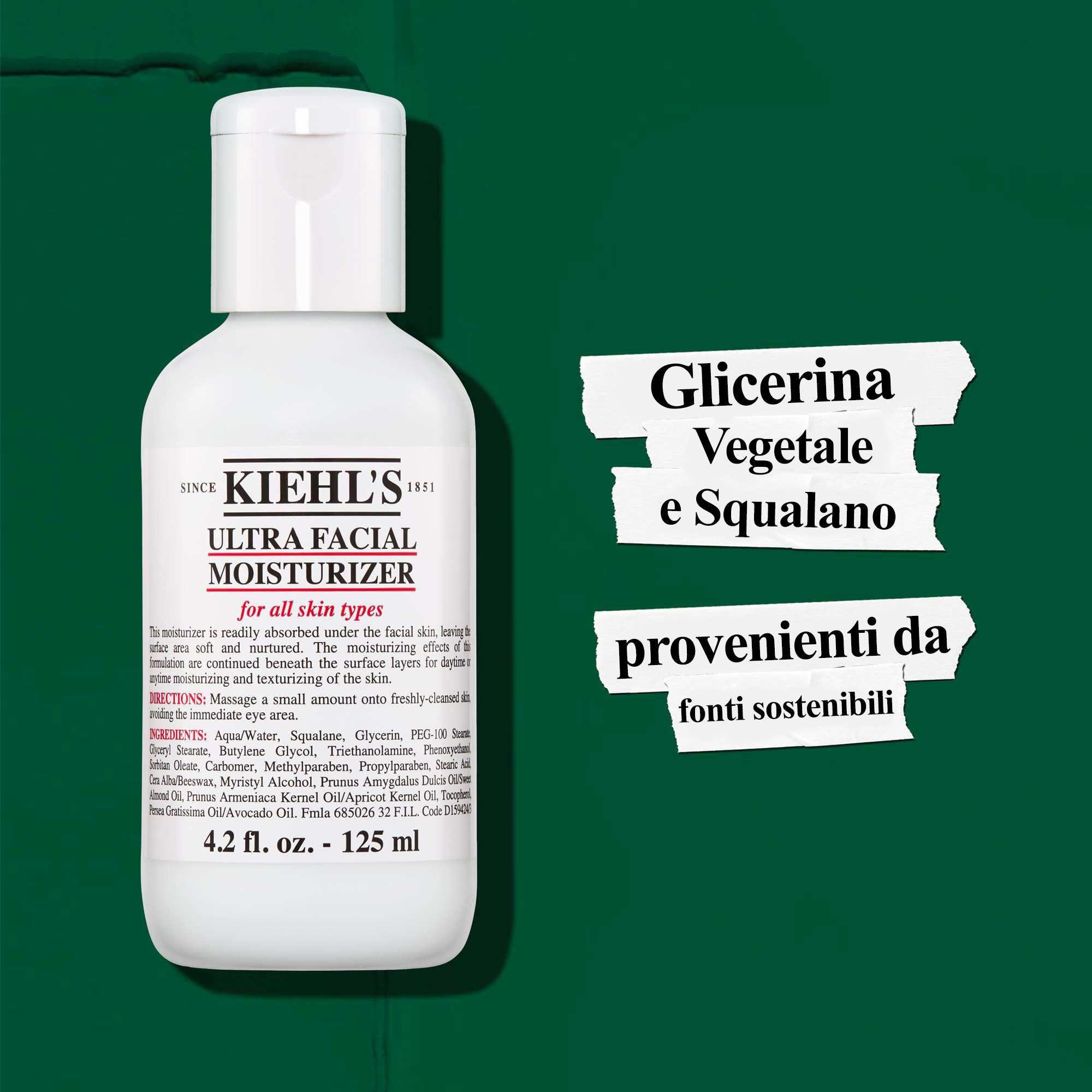 Kiehl's Ultra Facial Moisturizer contiene glicerina da fonti responsabili e squalano vegetale