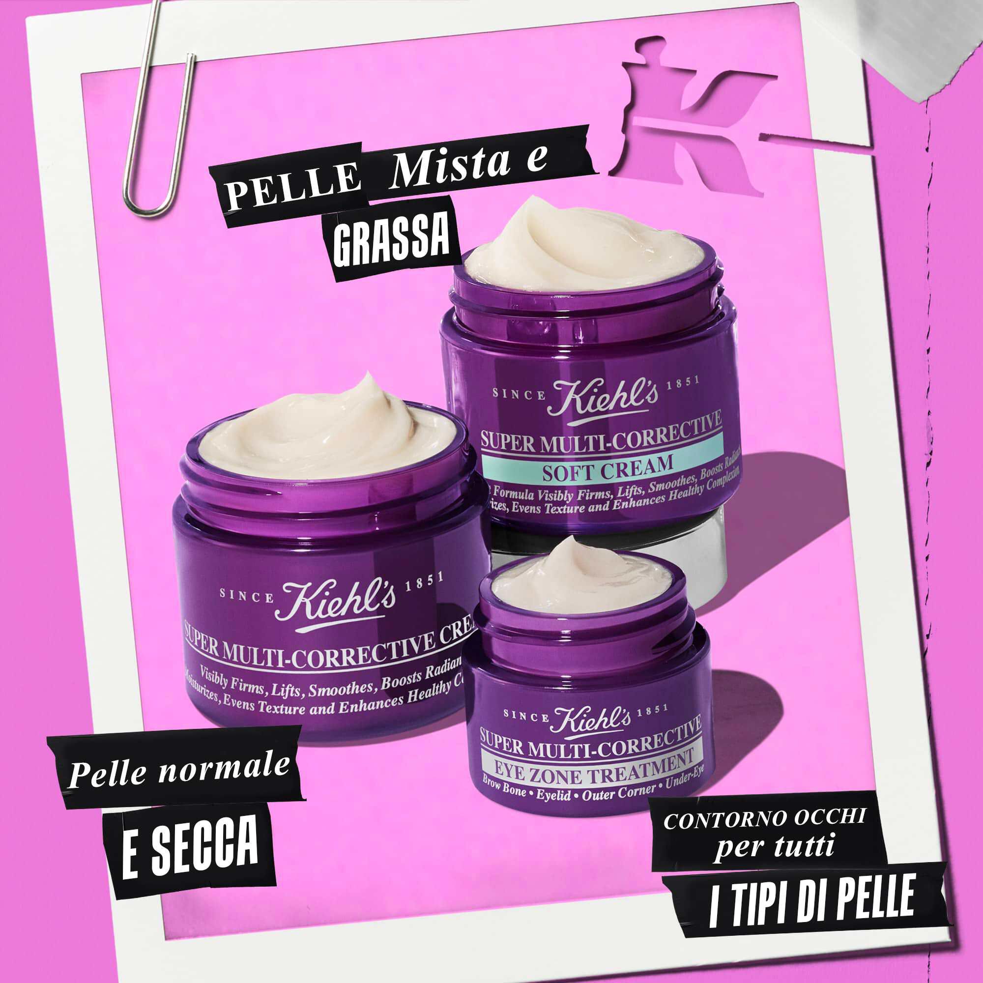 3 vasetti aperti della famiglia di prodotti Super Multi-Corrective: Cream, Soft Cream, Eye Zone Treatment