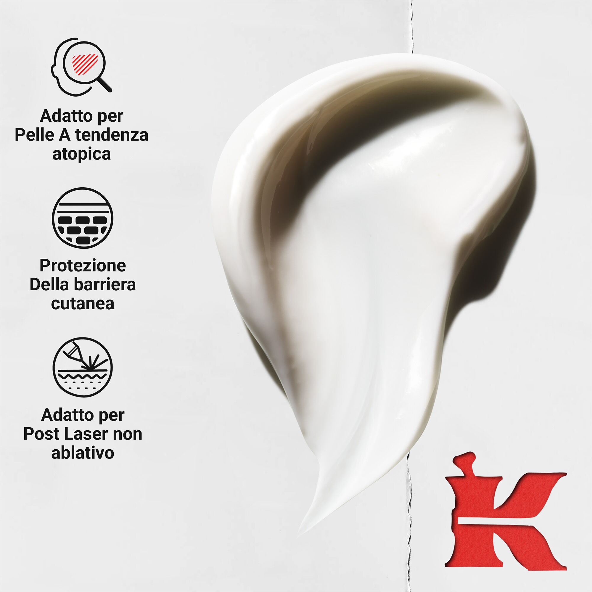 Un'immagine mostra un vortice dinamico di crema su uno sfondo chiaro. A sinistra icone ne evidenziano i benefici: pelle soggetta all'eczema, protezione della barriera cutanea, post-laser e peeling chimico leggero.