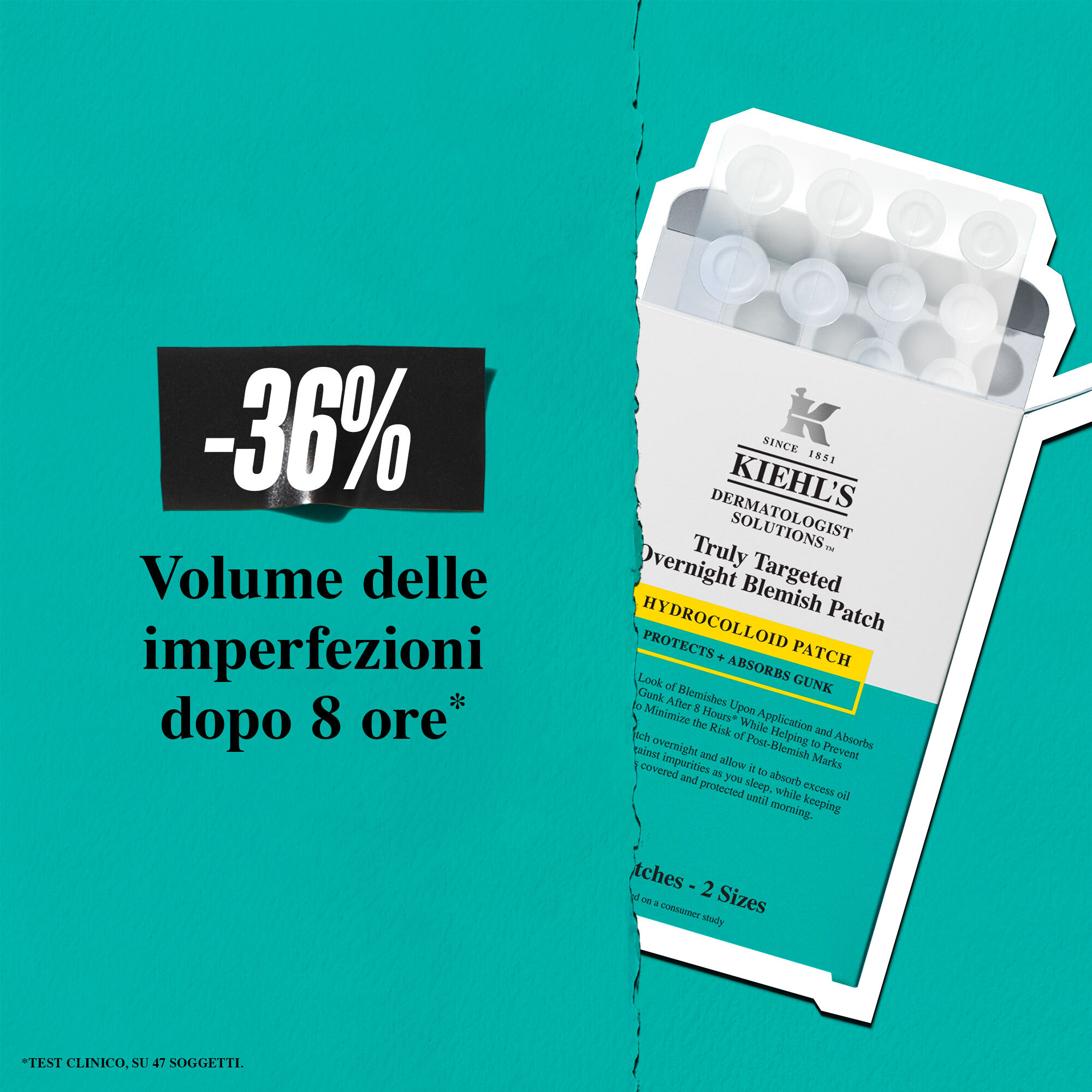 Kiehl's Truly Targeted Overnight Blemish Patch, highlighting its ability to absorb oil in 3 hours and reduce pimple volume by 36% after 8 hours.