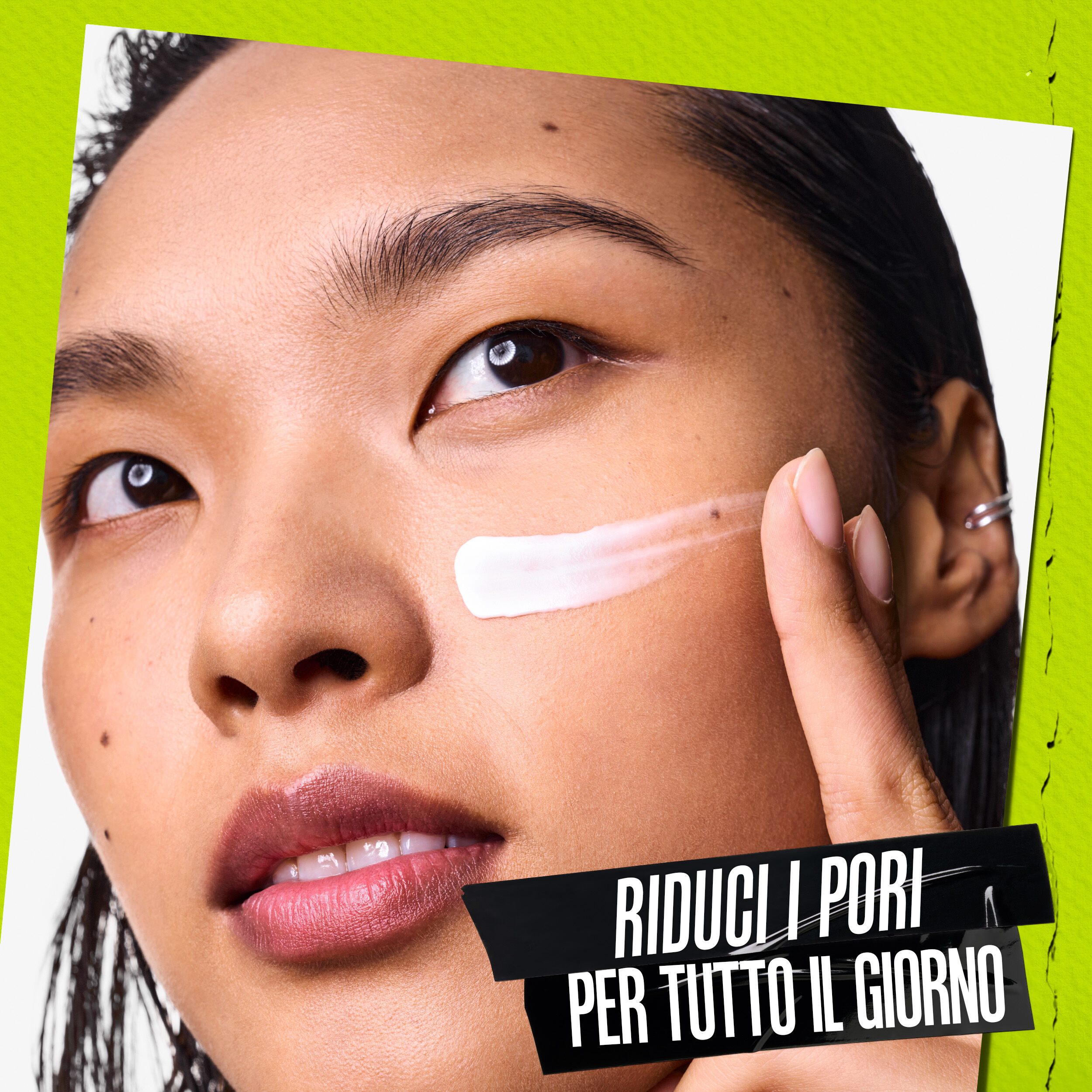 A graphic titled "All Day Pore Protection" featuring a blurred image of a person applying the product.