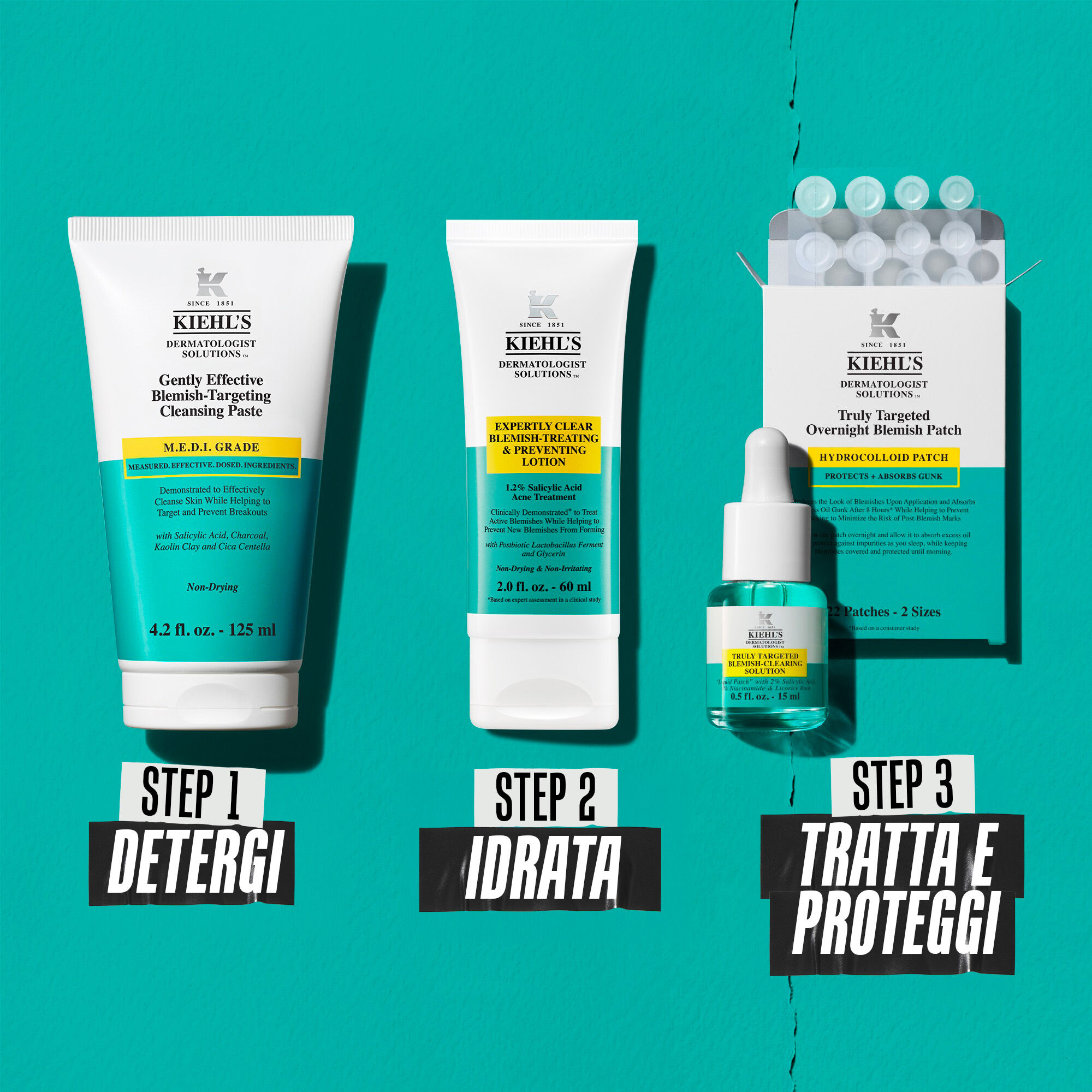 Kiehl’s acne regimen image showing three steps: cleanser, hydrating treatment, and duo of serum plus overnight blemish patches labeled “Step 1 Cleanse,” “Step 2 Hydrate,” “Step 3 Treat & Protect.” 