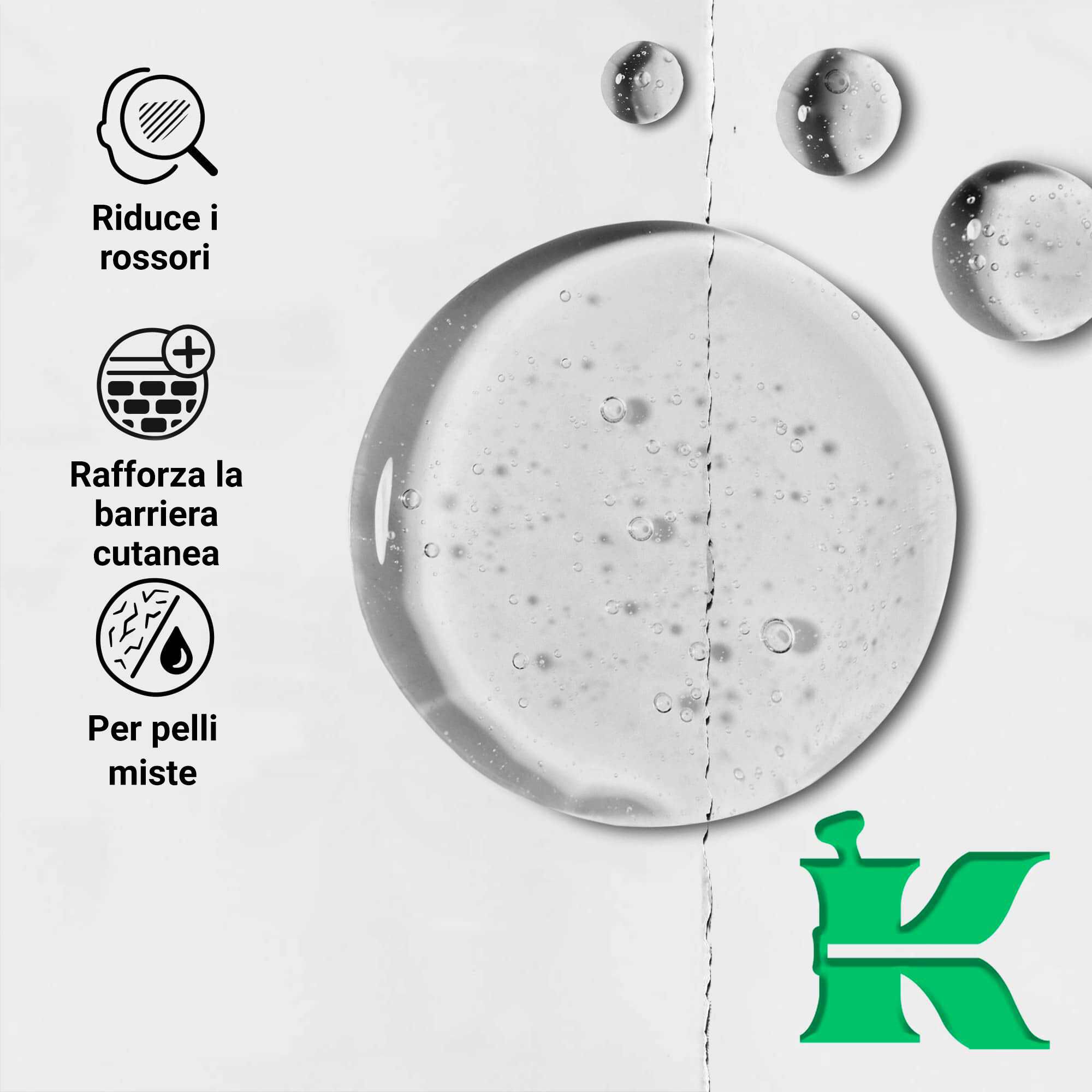Foto della texture con icone: riduce i rossori, rinforza la barriera cutanea, per pelle mista