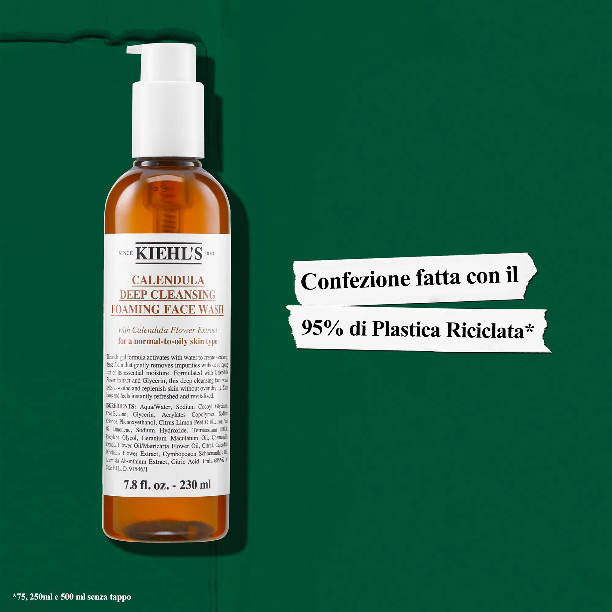 I flaconi di Kiehl's Calendula Foaming Face Wash sono realizzati con il 95% di plastica riciclata (PCR)