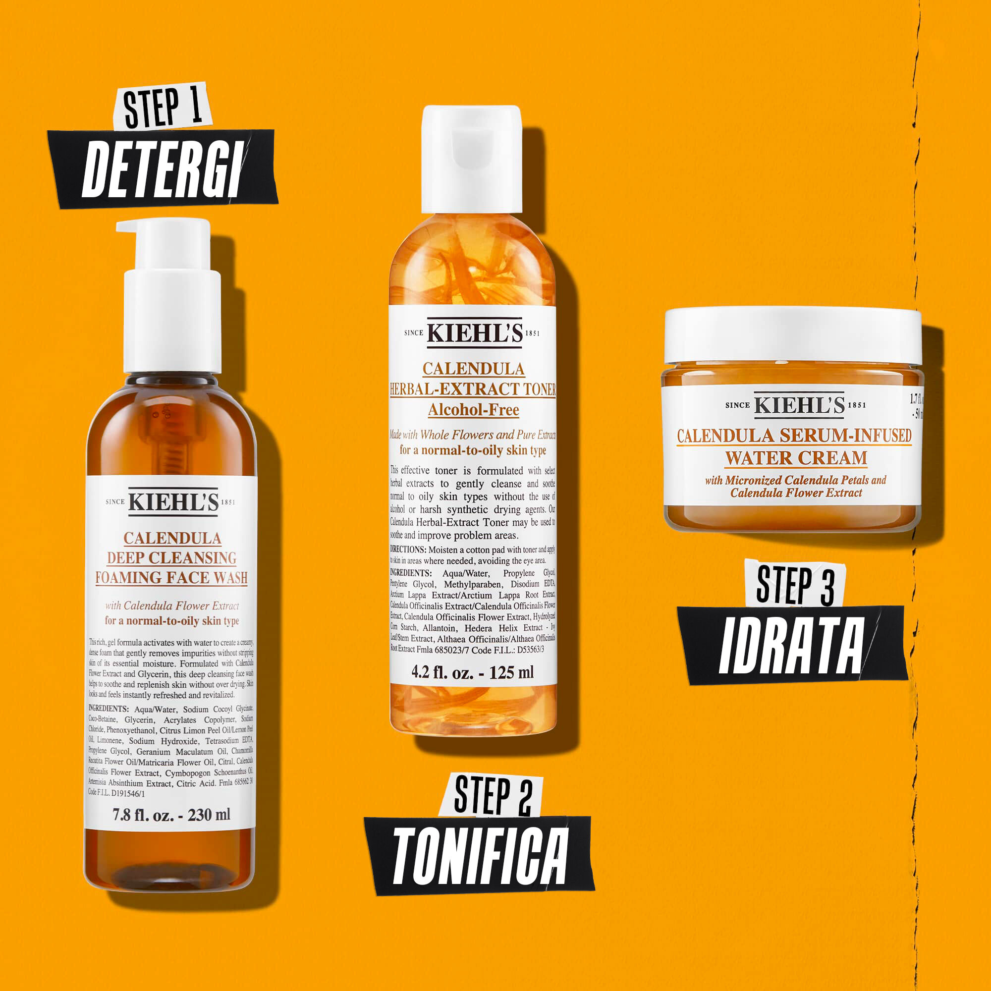 Illustrazione della routine con Kiehl's Calendula Foaming Face Wash: Detergere, Tonificare, Idratare