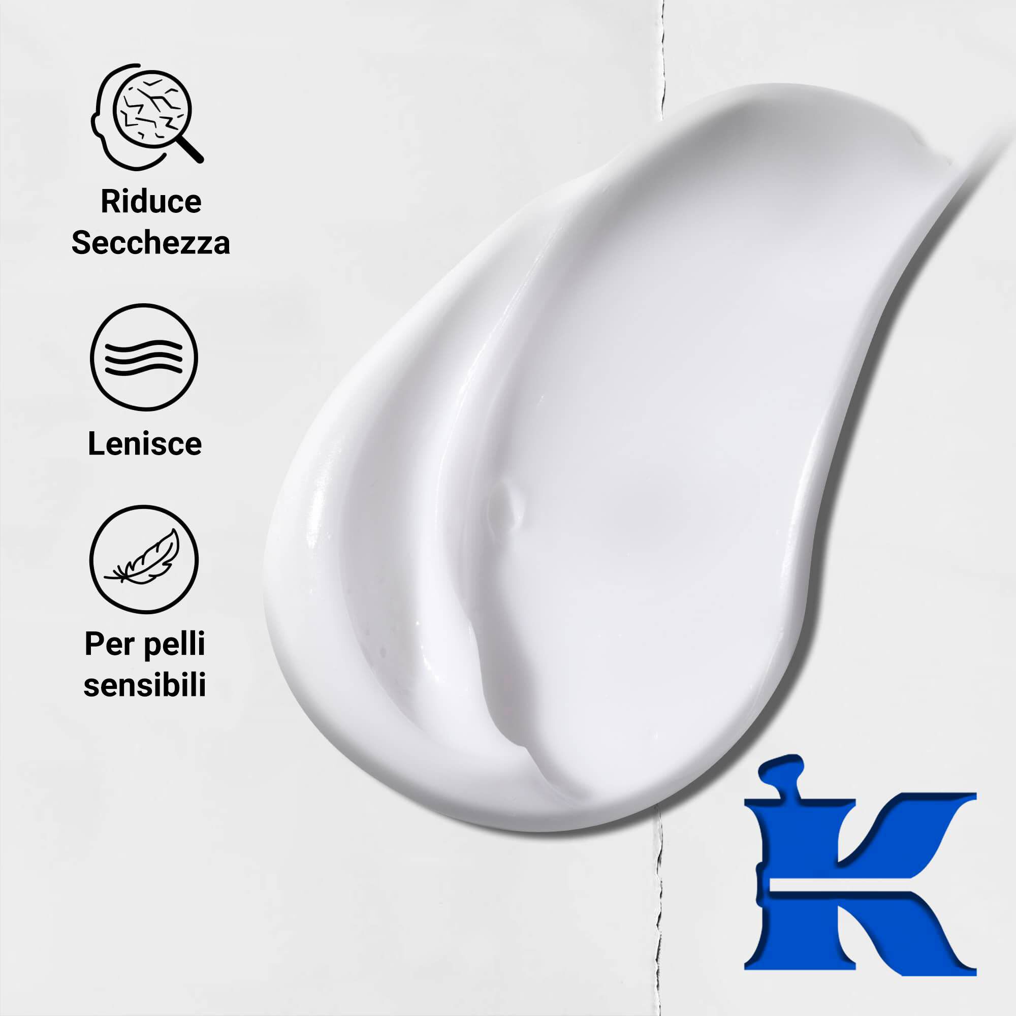 Foto della texture con icone: riduce la secchezza, e lenitivo ed e formulato per la pelle sensibile