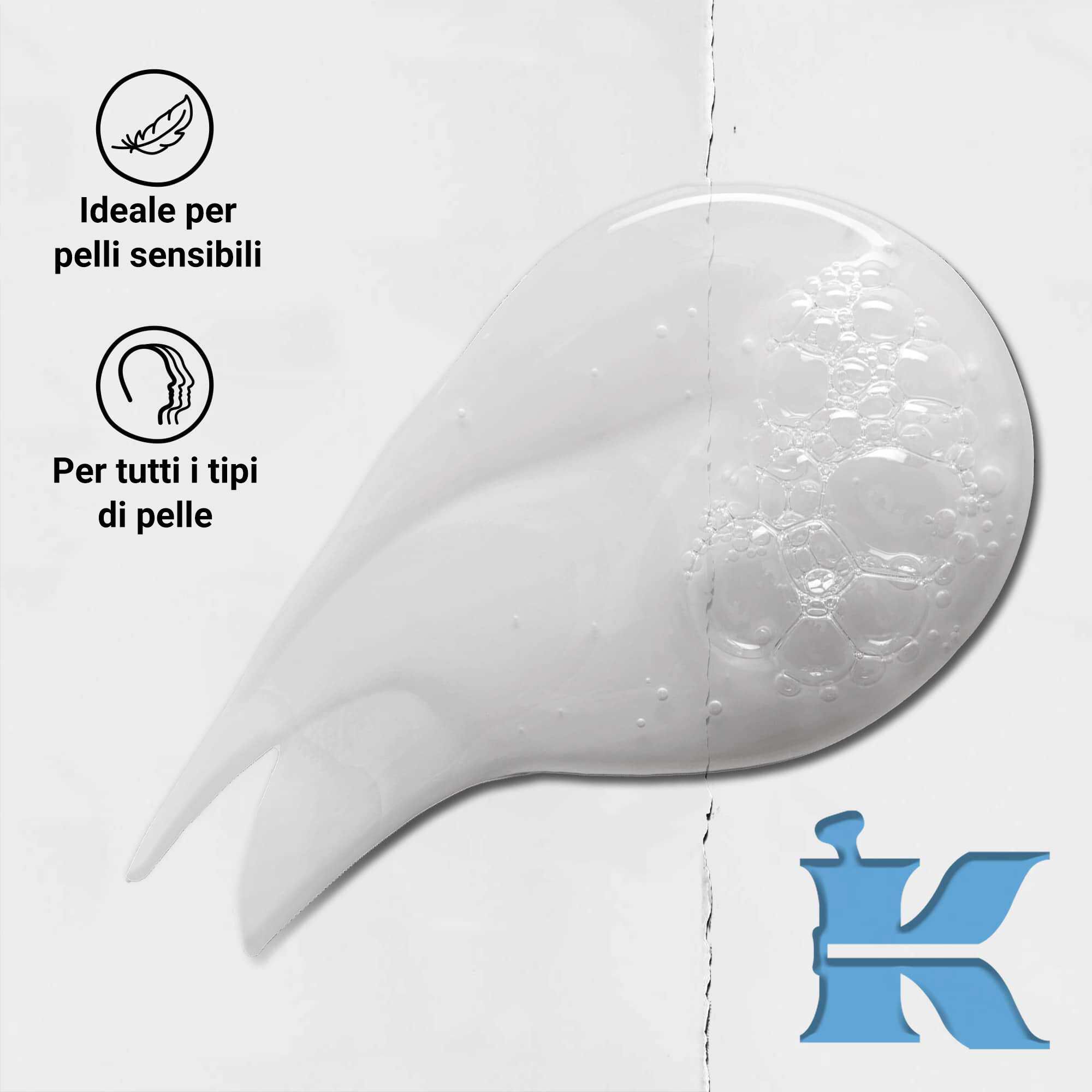 Foto della texture di Kiehl's Ultra Facial Cleanser con icone: per tutti i tipi di pelle e pelle sensibile