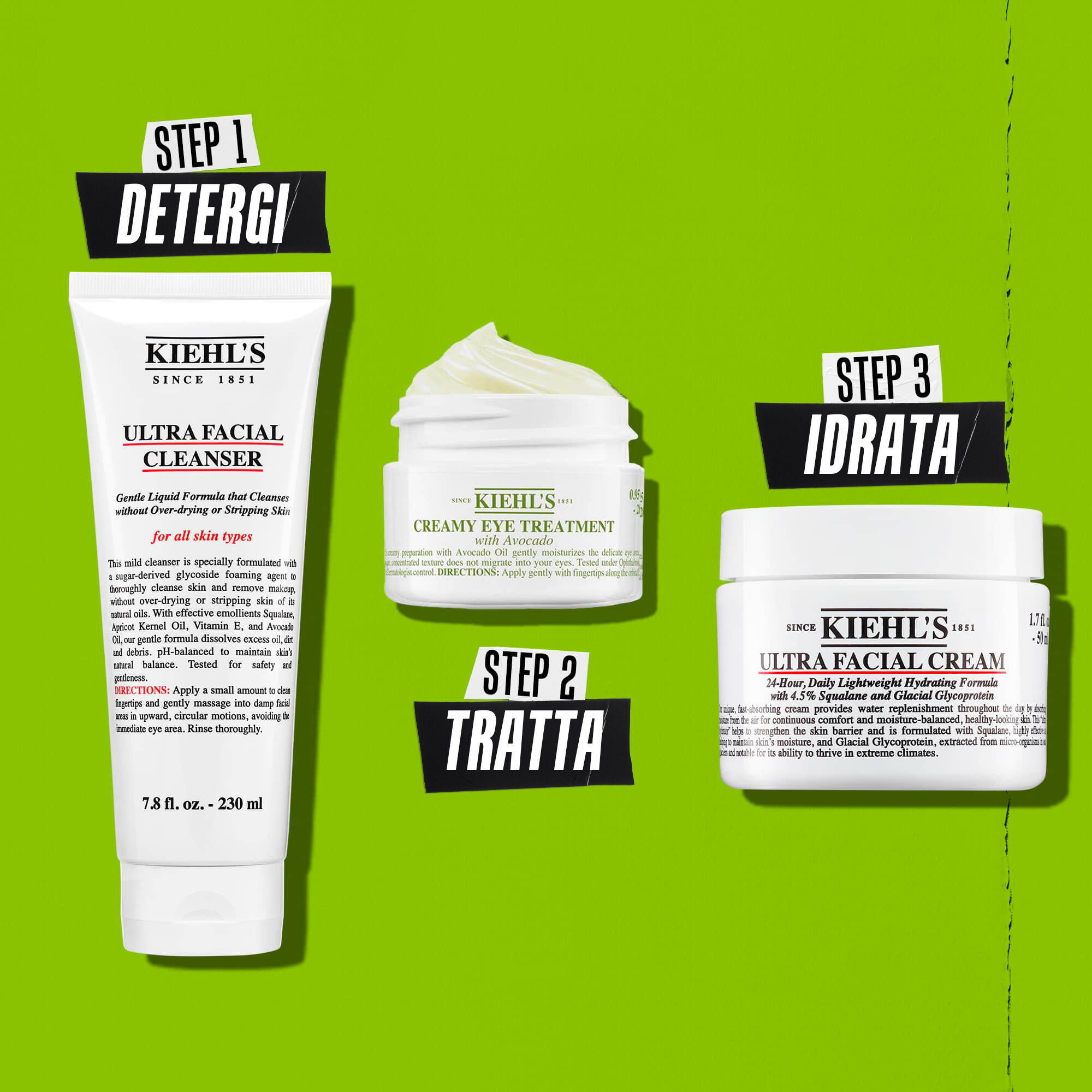 Routine Kiehl's Creamy Eye Treatment with Avocado: Passaggio 1 Detergere, Passaggio 2 Trattare, Passaggio 3 Idratare