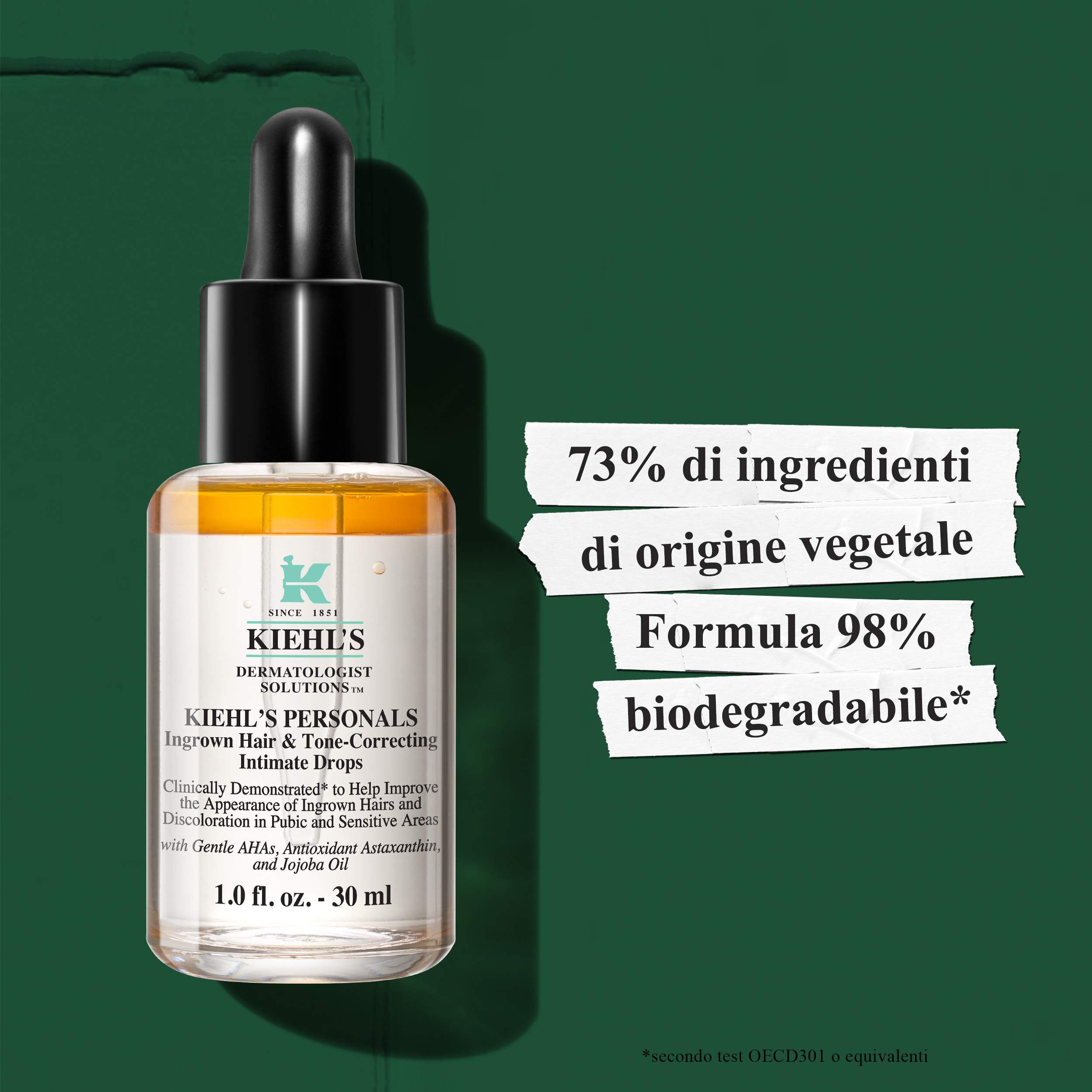 Sustainability Illustration – Drops bottle, 73% Bio-based, 98% Biodegradable Ingredients