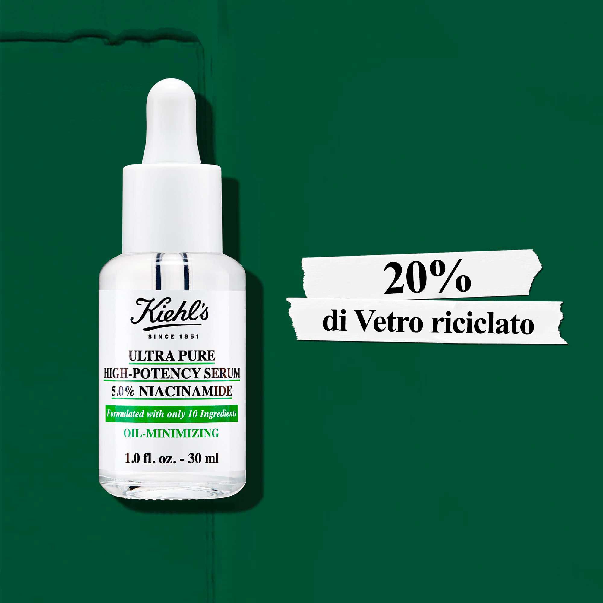 I flaconi di Kiehl's Ultra Pure High-Potency Serum sono realizzati con il 20% di vetro riciclato