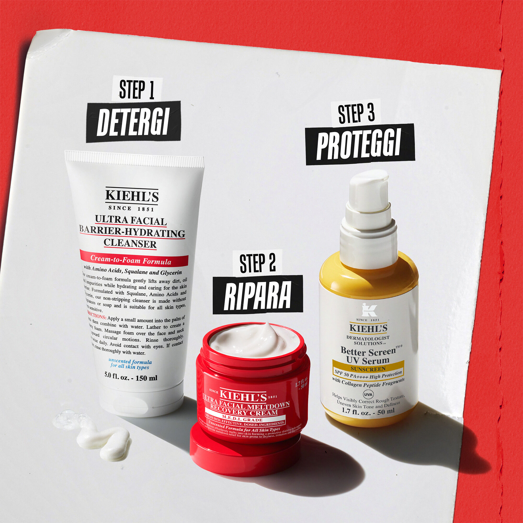 Tre prodotti per la skincare: Step 1 Cleanse (Ultra Facial Barrier-Hydrating Cleanser), Step 2 Recover (Ultra Facial Meltdown Recovery Cream) e Step 3 Protect (Better Screen UV Serum).