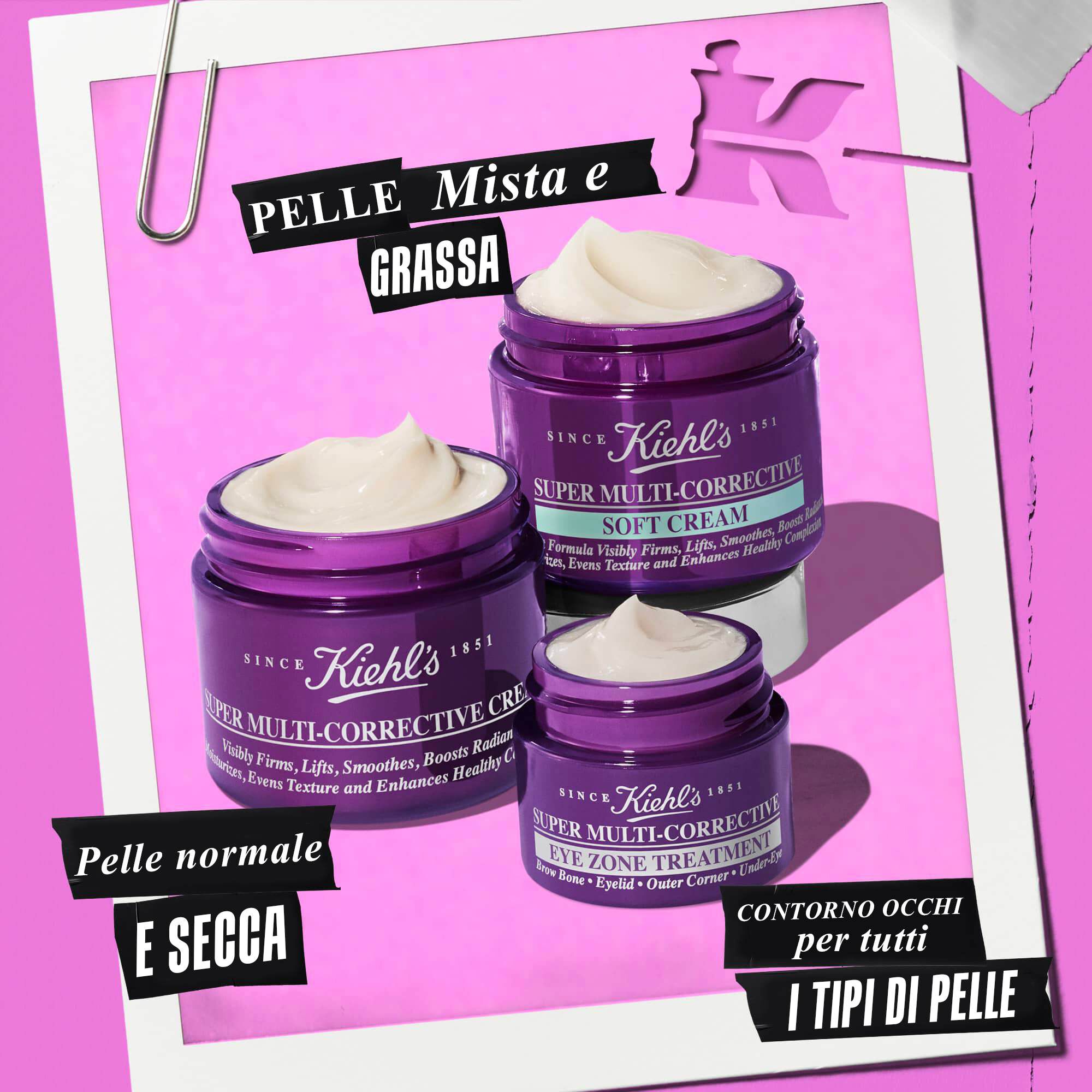 3 vasetti aperti della famiglia di prodotti Super Multi-Corrective: Cream, Soft Cream, Eye Zone Treatment