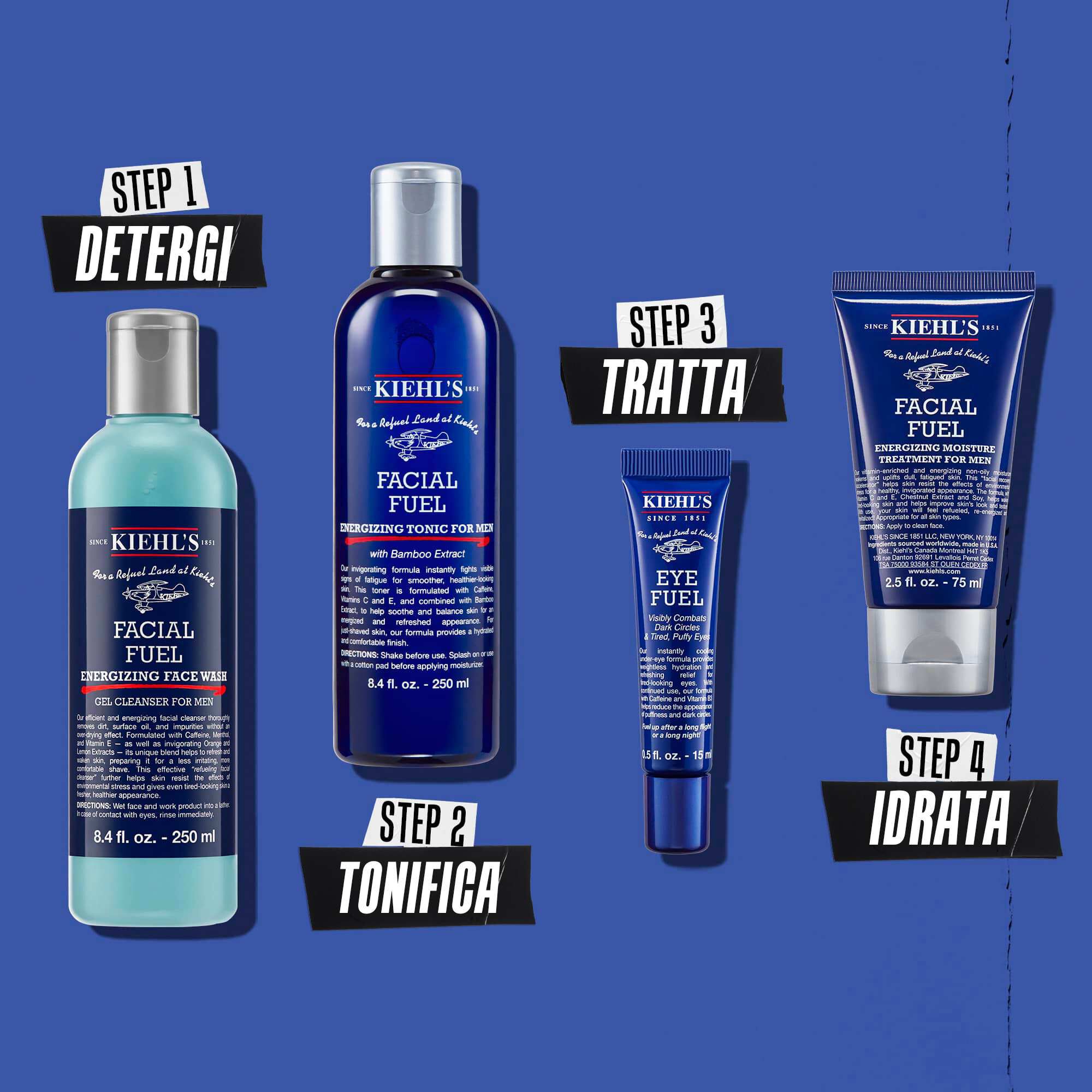 Illustrazione della routine con Facial Fuel: Detergere, Tonificare, Trattare, Idratare