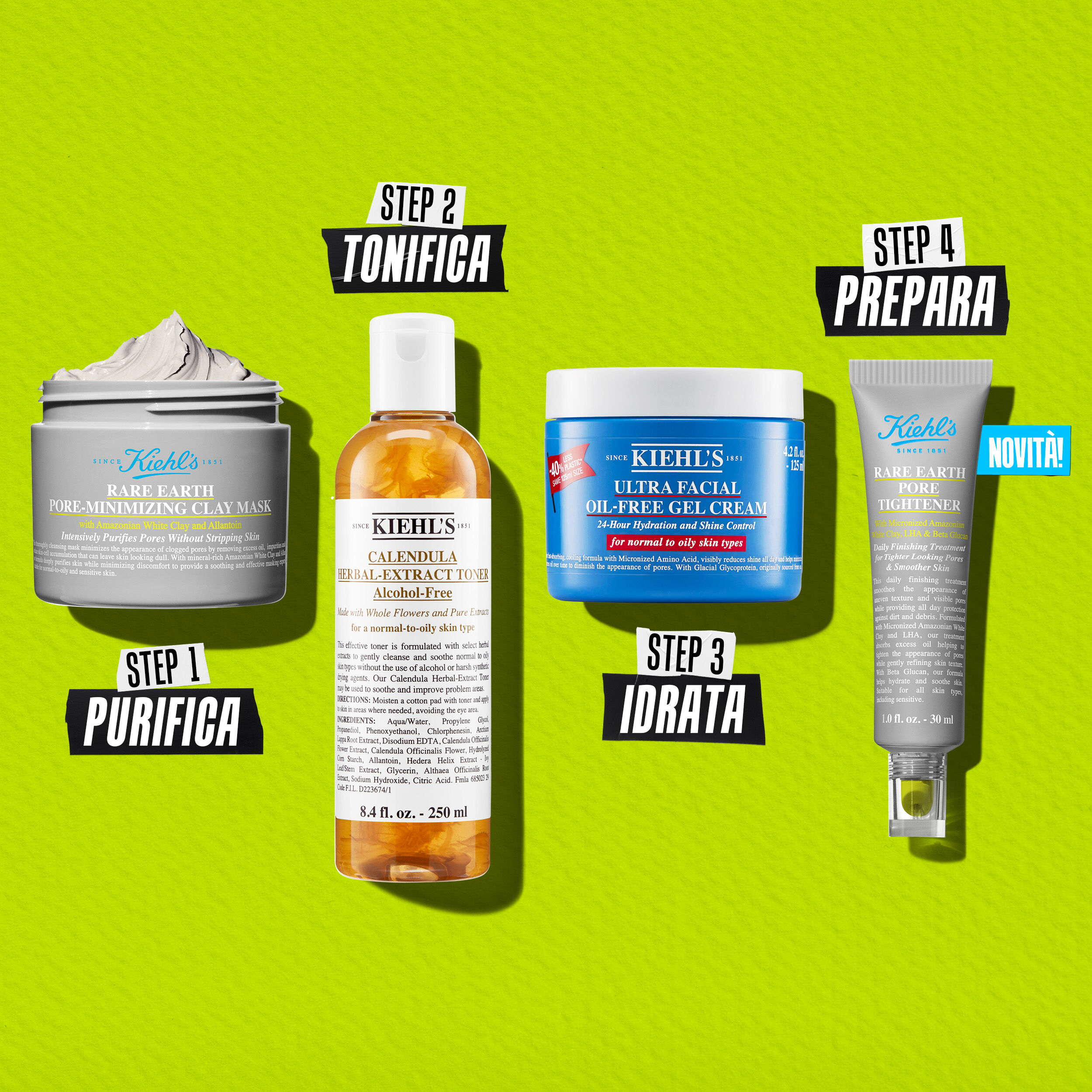  A graphic showing a four-step skincare routine with Kiehl’s products against a lime green border. The steps are labeled: "STEP 1 PURIFY" with a jar of Rare Earth Deep Pore Cleansing Masque, "STEP 2 TONE" with a bottle of Calendula Herbal Extract Toner, "STEP 3 MOISTURIZE" with a jar of Ultra Facial Oil-Free Gel Cream, and "STEP 4 PREP" with a tube of Rare Earth Pore Tightener.