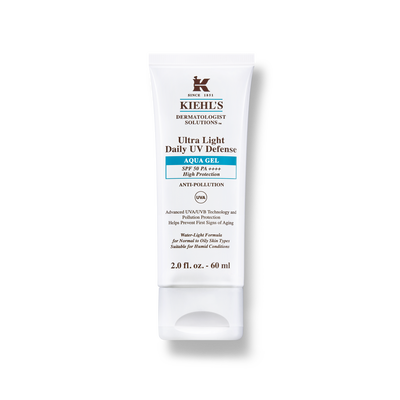 Crema solare 'Ultra Light Daily UV Defense' di Kiehl's, gel aqua SPF 50, protezione anti-inquinamento, 60 ml.