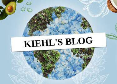 Immagine composta con elementi di bellezza e cura della pelle, come prodotti Kiehl's, fiori e una mappa del mondo, con il titolo "KIEHL'S BLOG" al centro.