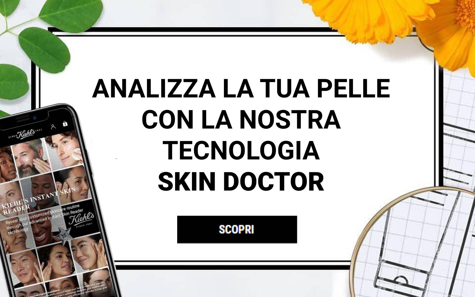 Immagine promozionale di un'app mobile per l'analisi della pelle, con volti diversi e grafica accattivante, accompagnata da testo che invita a scoprire la tecnologia "Skin Doctor".