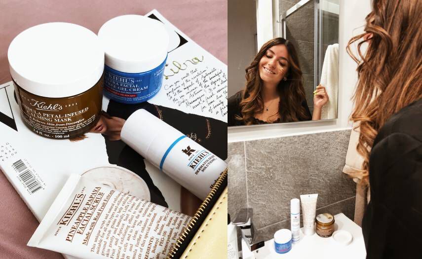 Quattro immagini che mostrano una routine di bellezza: prodotti per la cura della pelle, una giovane donna mentre si scatta un selfie, un tubetto di crema e una donna che si guarda allo specchio.