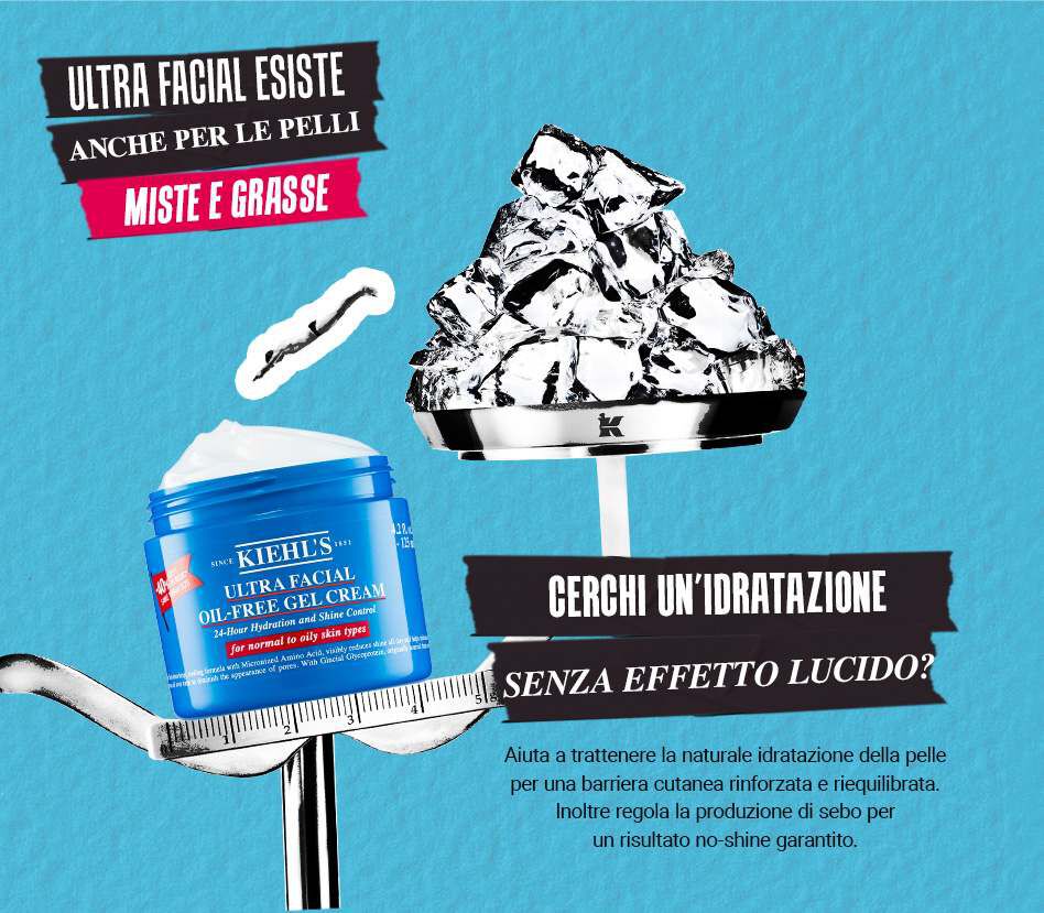 Immagine promozionale di una crema idratante Kiehl's, con testo che descrive i benefici per pelli miste e grasse, evidenziando l'assenza di effetto lucido.