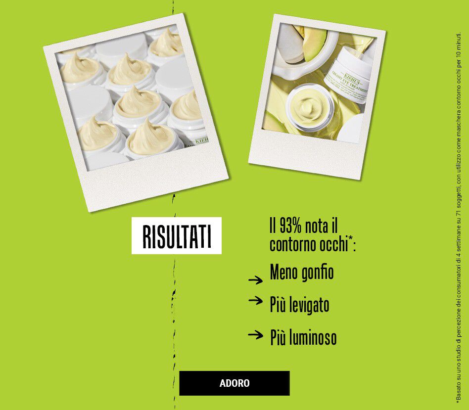 Due immagini in polaroid che mostrano creme per il contorno occhi. Un testo descrive i risultati di uno studio: il 93% degli utenti ha notato un contorno occhi meno gonfio, piu levigato e piu luminoso.