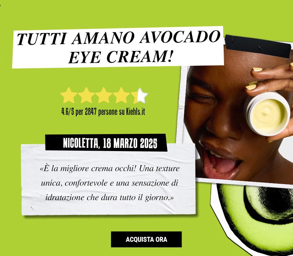 Un'immagine promozionale per una crema per gli occhi all'avocado. Mostra una donna con un sorriso che tiene un barattolo di crema, con una valutazione di 4,9/5 e una recensione positiva.
