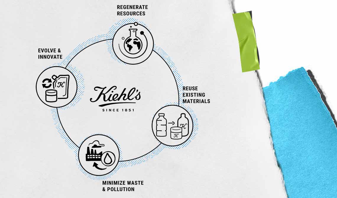 Schema circolare Kiehl’s: rigenerare risorse, riutilizzare materiali, ridurre sprechi, innovare prodotti.