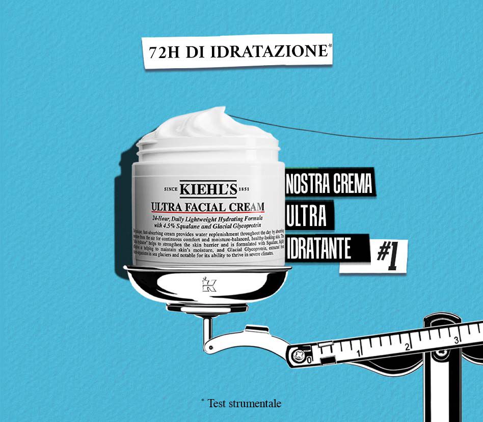 Crema viso Kiehl's Ultra Facial Cream su uno sfondo blu, accompagnata da un testo che evidenzia 72 ore di idratazione.