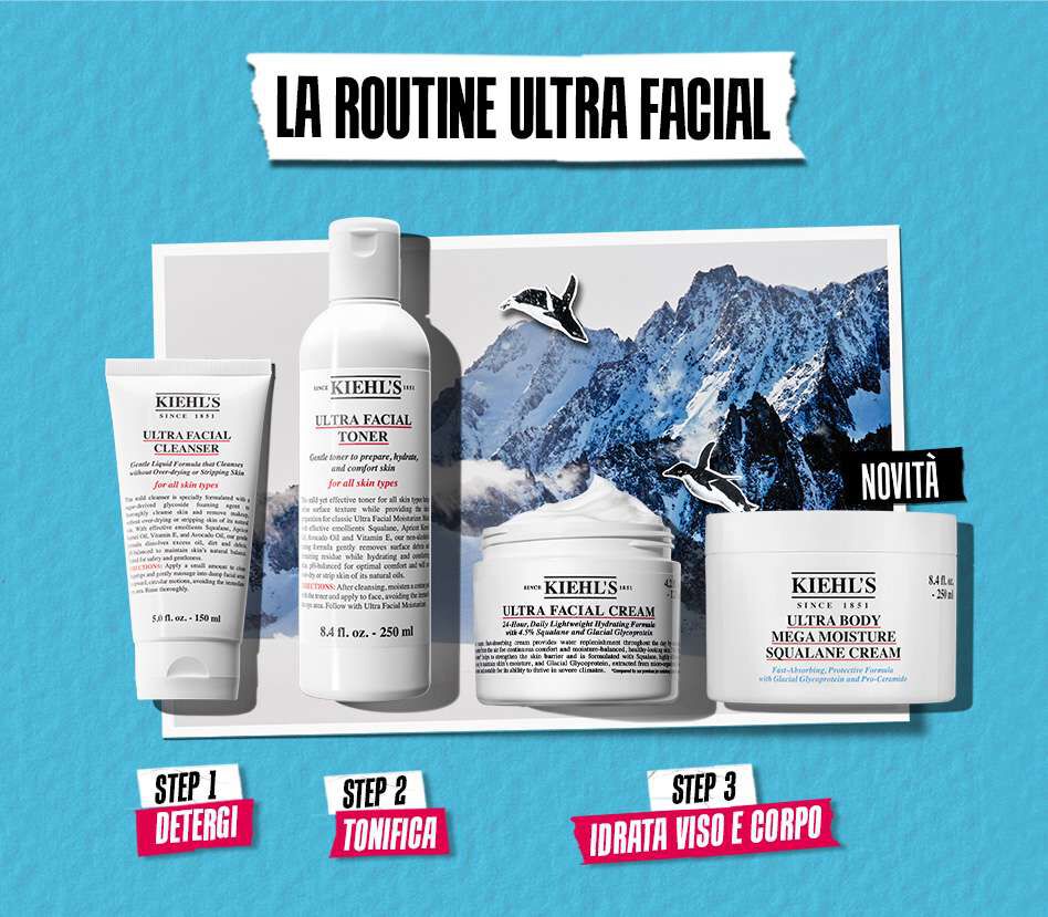 Immagine che mostra i prodotti della routine Ultra Facial di Kiehl's, tra cui un detergente, un tonico e una crema idratante, con un paesaggio montano sullo sfondo e la scritta "Novita".