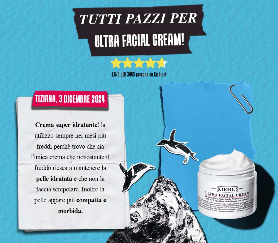 Immagine promozionale per la Crema Viso Ultra di Kiehl's, con valutazione di cinque stelle, featuring un'immagine della crema, elementi grafici come pinguini e un paesaggio innevato, e una recensione entusiasta datata 3 dicembre 2021.