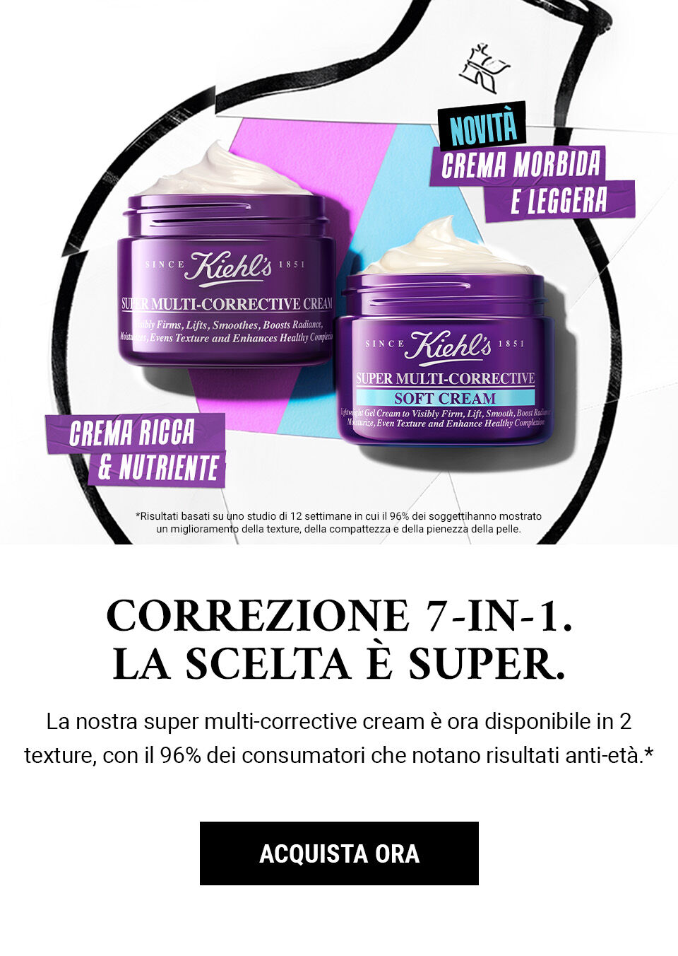 Immagine promozionale di prodotti Kiehl's, con due barattoli di crema multicorrettiva su sfondo bianco, accompagnata da testo informativo sulla novita e le opzioni di consistenza.